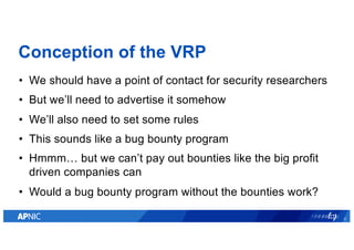 Conception of the VRP
• We should have a point of contact for security researchers
• But we’ll need to advertise it someho...