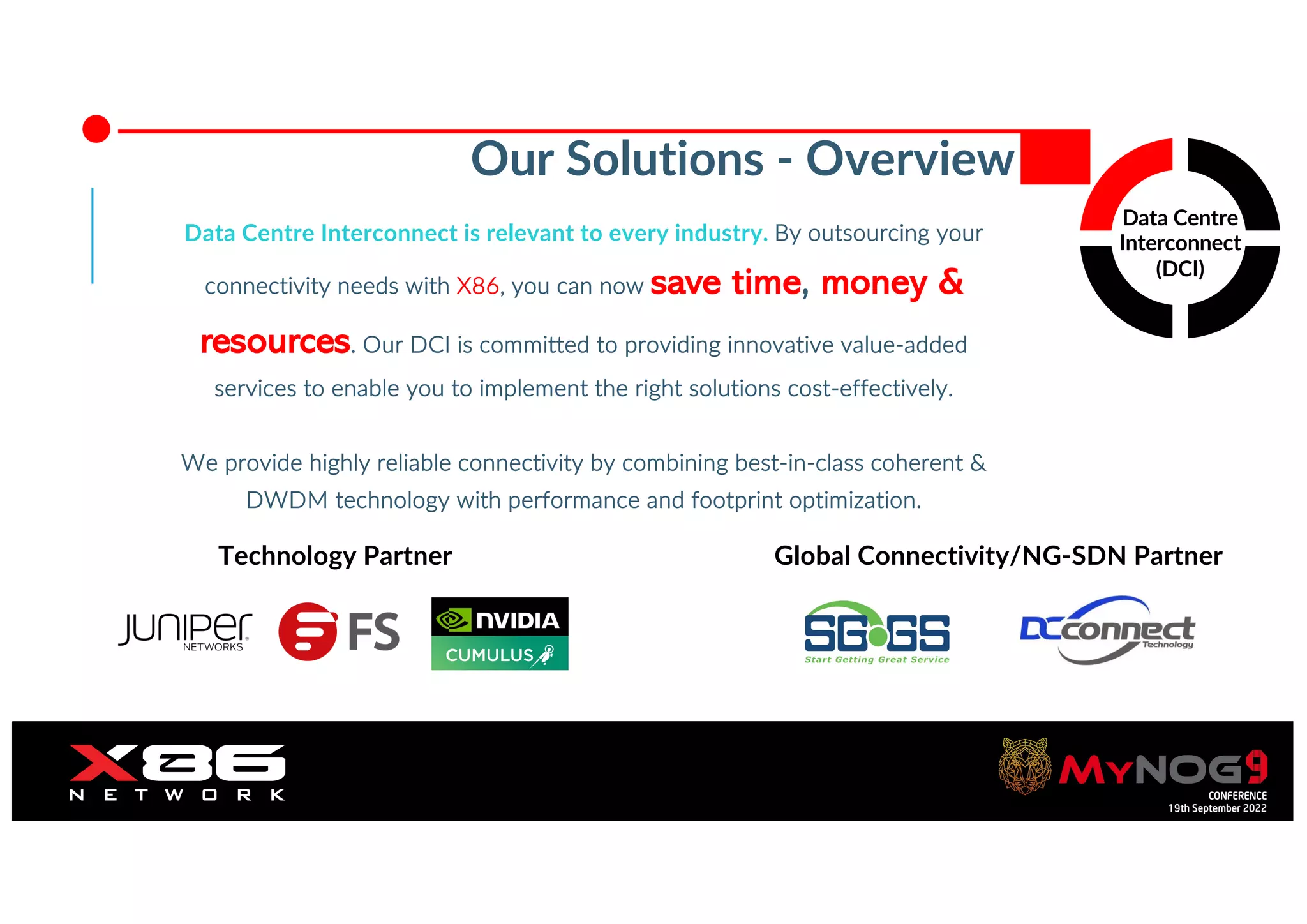 Orange Restricted
Data Centre
Interconnect
(DCI)
Our Solutions - Overview
Data Centre Interconnect is relevant to every industry. By outsourcing your
connectivity needs with X86, you can now save time, money &
resources. Our DCI is committed to providing innovative value-added
services to enable you to implement the right solutions cost-effectively.
We provide highly reliable connectivity by combining best-in-class coherent &
DWDM technology with performance and footprint optimization.
Technology Partner Global Connectivity/NG-SDN Partner
 