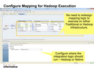 Configure Mapping for Hadoop Execution
No need to redesign
mapping logic to
execute on either
Traditional or Hadoop
infrastructure.
Configure where the
integration logic should
run – Hadoop or Native
 