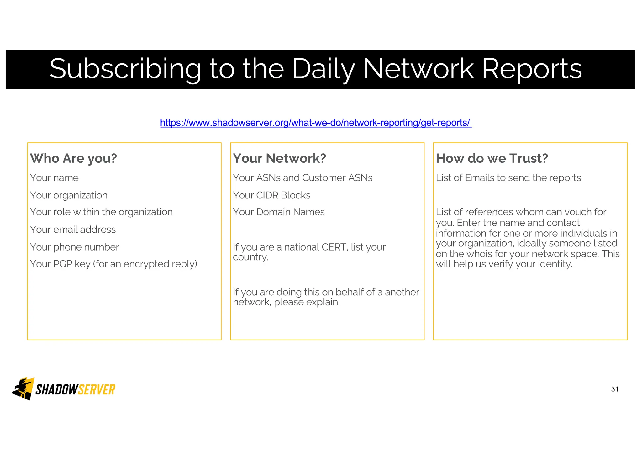 Who Are you?
Your name
Your organization
Your role within the organization
Your email address
Your phone number
Your PGP key (for an encrypted reply)
Subscribing to the Daily Network Reports
https://www.shadowserver.org/what-we-do/network-reporting/get-reports/
Your Network?
Your ASNs and Customer ASNs
Your CIDR Blocks
Your Domain Names
If you are a national CERT, list your
country.
If you are doing this on behalf of a another
network, please explain.
How do we Trust?
List of Emails to send the reports
List of references whom can vouch for
you. Enter the name and contact
information for one or more individuals in
your organization, ideally someone listed
on the whois for your network space. This
will help us verify your identity.
31
 