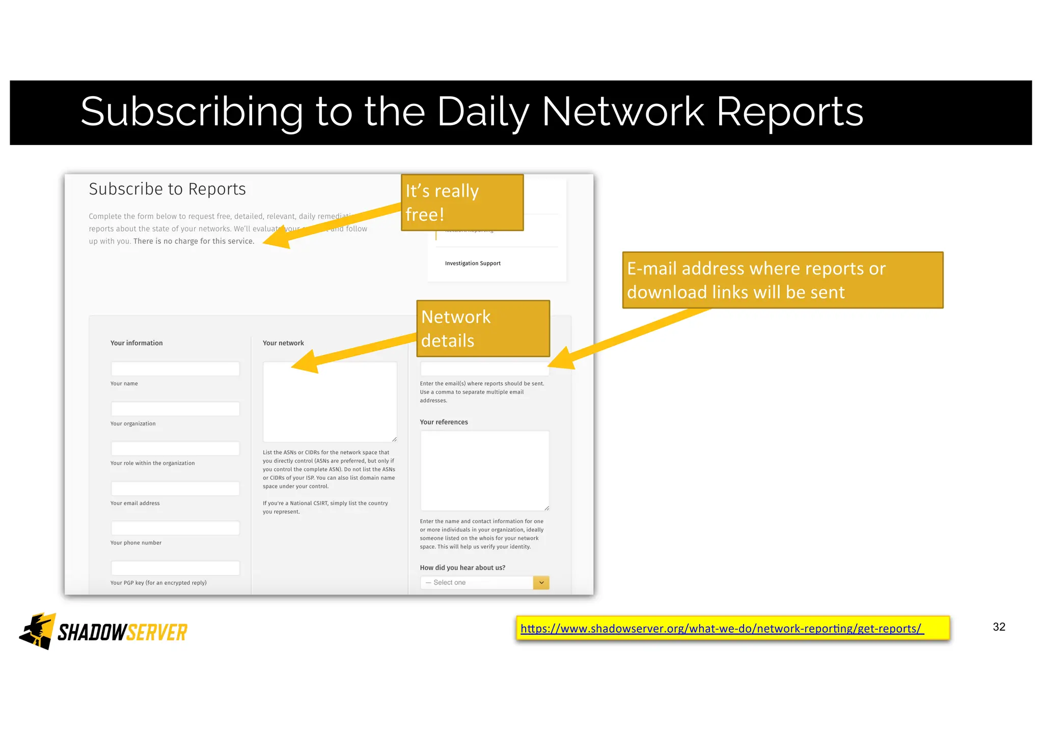 Subscribing to the Daily Network Reports
Network
details
E-mail address where reports or
download links will be sent
It’s really
free!
32
h=ps://www.shadowserver.org/what-we-do/network-reporHng/get-reports/
 