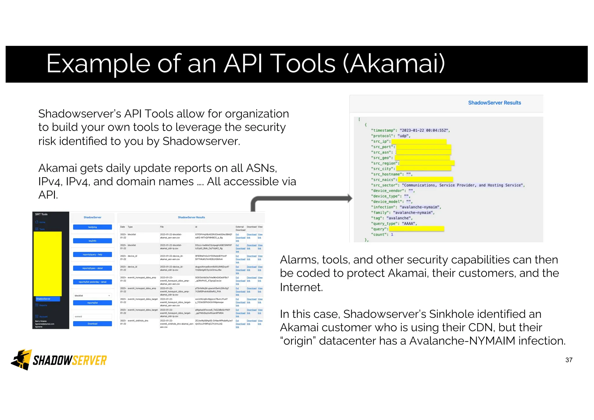 Example of an API Tools (Akamai)
37
Shadowserver’s API Tools allow for organization
to build your own tools to leverage the security
risk identified to you by Shadowserver.
Akamai gets daily update reports on all ASNs,
IPv4, IPv4, and domain names …. All accessible via
API.
Alarms, tools, and other security capabilities can then
be coded to protect Akamai, their customers, and the
Internet.
In this case, Shadowserver’s Sinkhole identified an
Akamai customer who is using their CDN, but their
“origin” datacenter has a Avalanche-NYMAIM infection.
 