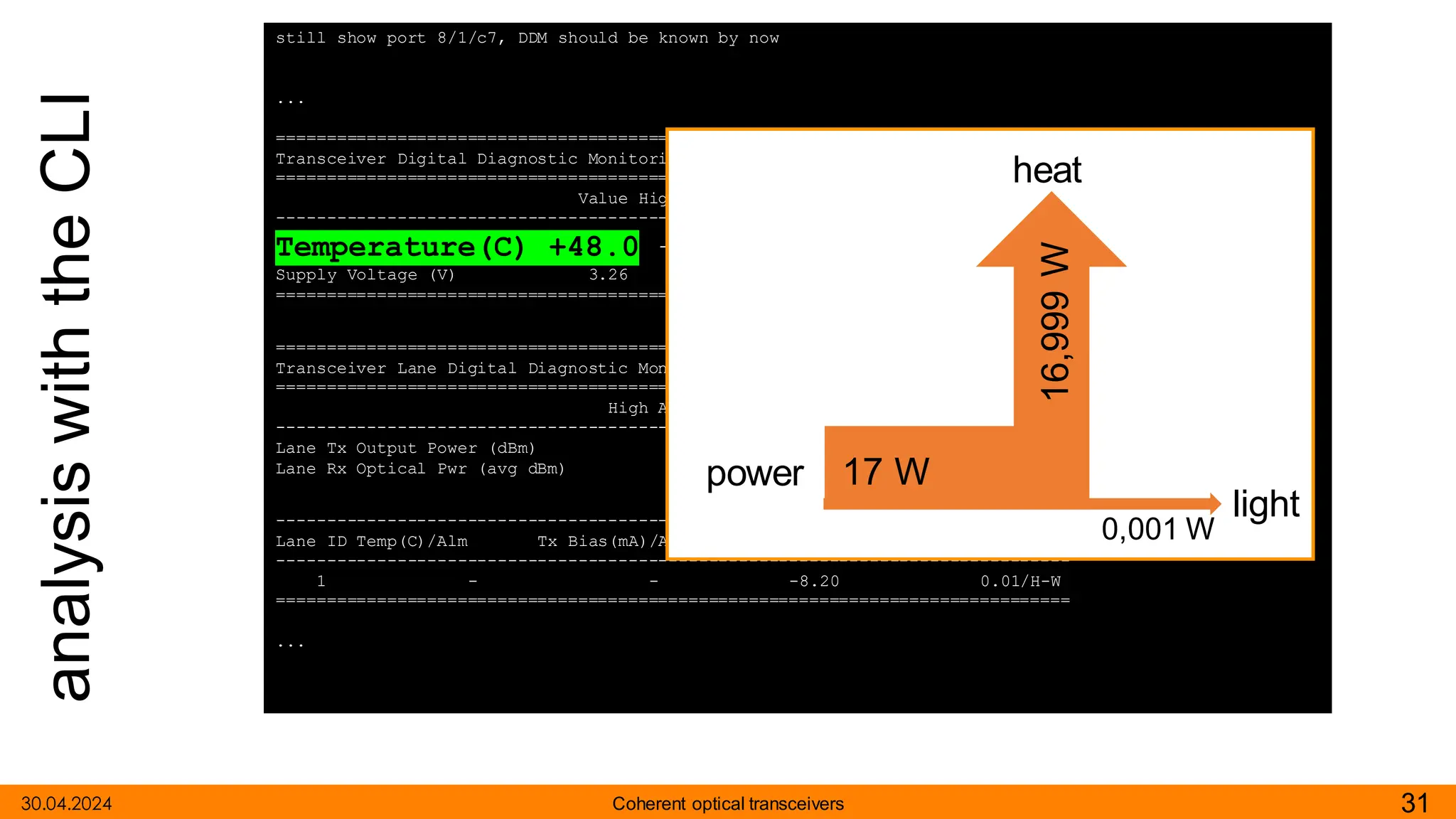 still show port 8/1/c7, DDM should be known by now
...
===============================================================================
Transceiver Digital Diagnostic Monitoring (DDM)
===============================================================================
Value High Alarm High Warn Low Warn Low Alarm
-------------------------------------------------------------------------------
Temperature(C) +48.0 +80.0 +75.0 +15.0 -5.0
Supply Voltage (V) 3.26 3.46 3.43 3.17 3.13
===============================================================================
===============================================================================
Transceiver Lane Digital Diagnostic Monitoring (DDM)
===============================================================================
High Alarm High Warn Low Warn Low Alarm
-------------------------------------------------------------------------------
Lane Tx Output Power (dBm) 0.00 -2.00 -13.00 -14.00
Lane Rx Optical Pwr (avg dBm) 2.00 0.00 -21.02 -23.01
-------------------------------------------------------------------------------
Lane ID Temp(C)/Alm Tx Bias(mA)/Alm Tx Pwr(dBm)/Alm Rx Pwr(dBm)/Alm
-------------------------------------------------------------------------------
1 - - -8.20 0.01/H-W
===============================================================================
...
analysis
with
the
CLI
30.04.2024 31
Coherent optical transceivers
heat
0,001 W
power
light
16,999
W
17 W
 