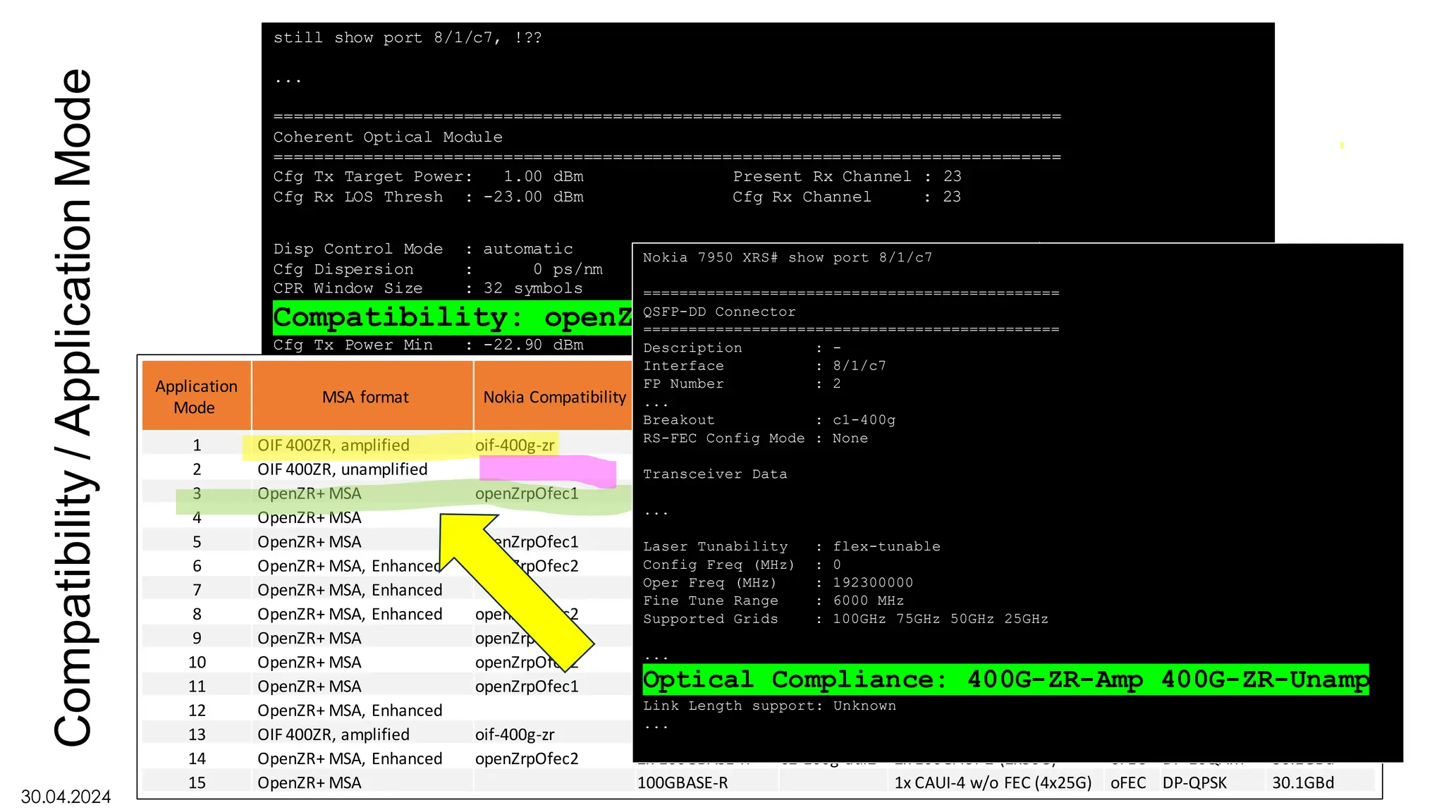 still show port 8/1/c7, !??
...
===============================================================================
Coherent Optical Module
===============================================================================
Cfg Tx Target Power: 1.00 dBm Present Rx Channel : 23
Cfg Rx LOS Thresh : -23.00 dBm Cfg Rx Channel : 23
Disp Control Mode : automatic Sweep Start Disp : -25500 ps/nm
Cfg Dispersion : 0 ps/nm Sweep End Disp : 2000 ps/nm
CPR Window Size : 32 symbols Rx LOS Reaction : squelch
Compatibility: openZrpOfec1
Cfg Tx Power Min : -22.90 dBm Cfg Tx Power Max : 4.00 dBm
Cfg Alarms : modflt mod netrx nettx hosttx
Alarm Status :
Defect Points :
Rx Q Margin : 2.4 dB Chromatic Disp : 220 ps/nm
SNR/OSNR X Polar : 17.4 dB / 34.4 dB Diff Group Delay : 2 ps
SNR/OSNR Y Polar : 17.4 dB / 34.4 dB Pre-FEC BER : 1.213E-03
Module State : ready
Tx Turn-Up States : init laserTurnUp laserReadyOff laserReady
modulatorConverge outputPowerAdjust
Rx Turn-Up States : init laserReady waitForInput adcSignal opticalLock
demodLock
===============================================================================
30.04.2024
Compatibility
/
Application
Mode
Application
Mode
MSA format Nokia Compatibility Host format Nokia Config Electrical interface FEC Modulation
Line Symbol
Baud Rate
1 OIF 400ZR, amplified oif-400g-zr 400GBASE-R c1-400g 1x 400GAUI-8 (8x 50G) CFEC DP-16QAM 59.8GBd
2 OIF 400ZR, unamplified 400GBASE-R 1x 400GAUI-8 (8x 50G) CFEC DP-16QAM 59.8GBd
3 OpenZR+ MSA openZrpOfec1 400GBASE-R c1-400g 1x 400GAUI-8 (8x 50G) oFEC DP-16QAM 60.1GBd
4 OpenZR+ MSA 2x 200GBASE-R 2x 200GAUI-4 (4x 50G) oFEC DP-16QAM 60.1GBd
5 OpenZR+ MSA openZrpOfec1 4x 100GBASE-R c4-100g 4x 100GAUI-2 (2x 50G) oFEC DP-16QAM 60.1GBd
6 OpenZR+ MSA, Enhanced openZrpOfec2 400GBASE-R c1-400g 1x 400GAUI-8 (8x 50G) oFEC DP-16QAM 60.1GBd
7 OpenZR+ MSA, Enhanced 2x 200GBASE-R 2x 200GAUI-4 (4x 50G) oFEC DP-16QAM 60.1GBd
8 OpenZR+ MSA, Enhanced openZrpOfec2 4x 100GBASE-R c4-100g 4x 100GAUI-2 (2x 50G) oFEC DP-16QAM 60.1GBd
9 OpenZR+ MSA openZrpOfec1 2x 100GBASE-R c2-100g-aui2 2x 100GAUI-2 (2x 50G) oFEC DP-QPSK 60.1GBd
10 OpenZR+ MSA openZrpOfec2 1x 100GBASE-R c1-100g-aui2 1x 100GAUI-2 (2x 50G) oFEC DP-QPSK 30.1GBd
11 OpenZR+ MSA openZrpOfec1 3x 100GBASE-R c3-100g 3x 100GAUI-2 (2x 50G) oFEC DP-8QAM 60.1GBd
12 OpenZR+ MSA, Enhanced 3x 100GBASE-R 3x 100GAUI-2 (2x 50G) oFEC DP-8QAM 60.1GBd
13 OIF 400ZR, amplified oif-400g-zr 4x 100GBASE-R c4-100g 4x 100GAUI-2 (2x 50G) CFEC DP-16QAM 59.8GBd
14 OpenZR+ MSA, Enhanced openZrpOfec2 2x 100GBASE-R c2-100g-aui2 2x 100GAUI-2 (2x50G) oFEC DP-16QAM 30.1GBd
15 OpenZR+ MSA 100GBASE-R 1x CAUI-4 w/o FEC (4x25G) oFEC DP-QPSK 30.1GBd
Nokia 7950 XRS# show port 8/1/c7
==============================================
QSFP-DD Connector
==============================================
Description : -
Interface : 8/1/c7
FP Number : 2
...
Breakout : c1-400g
RS-FEC Config Mode : None
Transceiver Data
...
Laser Tunability : flex-tunable
Config Freq (MHz) : 0
Oper Freq (MHz) : 192300000
Fine Tune Range : 6000 MHz
Supported Grids : 100GHz 75GHz 50GHz 25GHz
...
Optical Compliance: 400G-ZR-Amp 400G-ZR-Unamp
Link Length support: Unknown
...
.
 