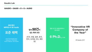2
Gaudio Lab
GAUDIO = GAUDI + O = G + AUDIO
ISO/IEC  
MPEG-H 3D Audio
 
표준 채택
Over technologies from  
Qualcomm, Fraunhofer, 

France Telecom, and Huawei
벌써 50건이
넘는 특허 보유
(미국, 유럽, 일본, 중국,

한국, 브라질, 인도, 베트
남)
멸종 위기의 음향공학박사  
최다보유
6 Ph.D.,2 MS
“Innovative VR
Company of
the Year”
VR Awards, 2017
 