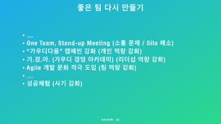 좋은 팀 다시 만들기
36
• …
• One Team, Stand-up Meeting (소통 문제 / Silo 해소)
• “가우디다움” 캠페인 강화 (개인 역량 강화)
• 가.경.아. (가우디 경영 아카데미) (리더십 역량 강화)
• Agile 개발 문화 적극 도입 (팀 역량 강화)
• …
• 성공체험 (사기 강화)
 