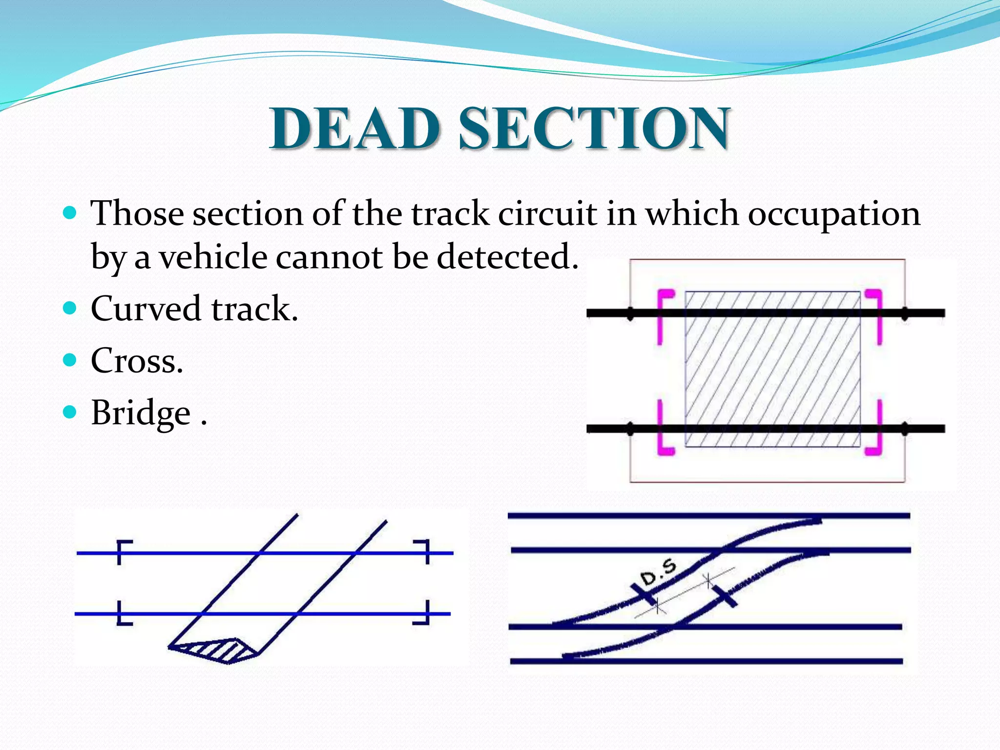 DEAD SECTION 
 Those section of the track circuit in which occupation 
by a vehicle cannot be detected. 
 Curved track. 
 Cross. 
 Bridge . 
 