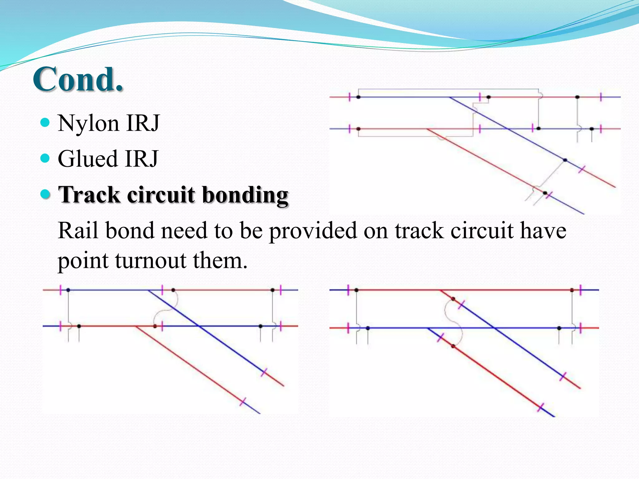 Cond. 
 Nylon IRJ 
 Glued IRJ 
 Track circuit bonding 
Rail bond need to be provided on track circuit have 
point turnout them. 
 