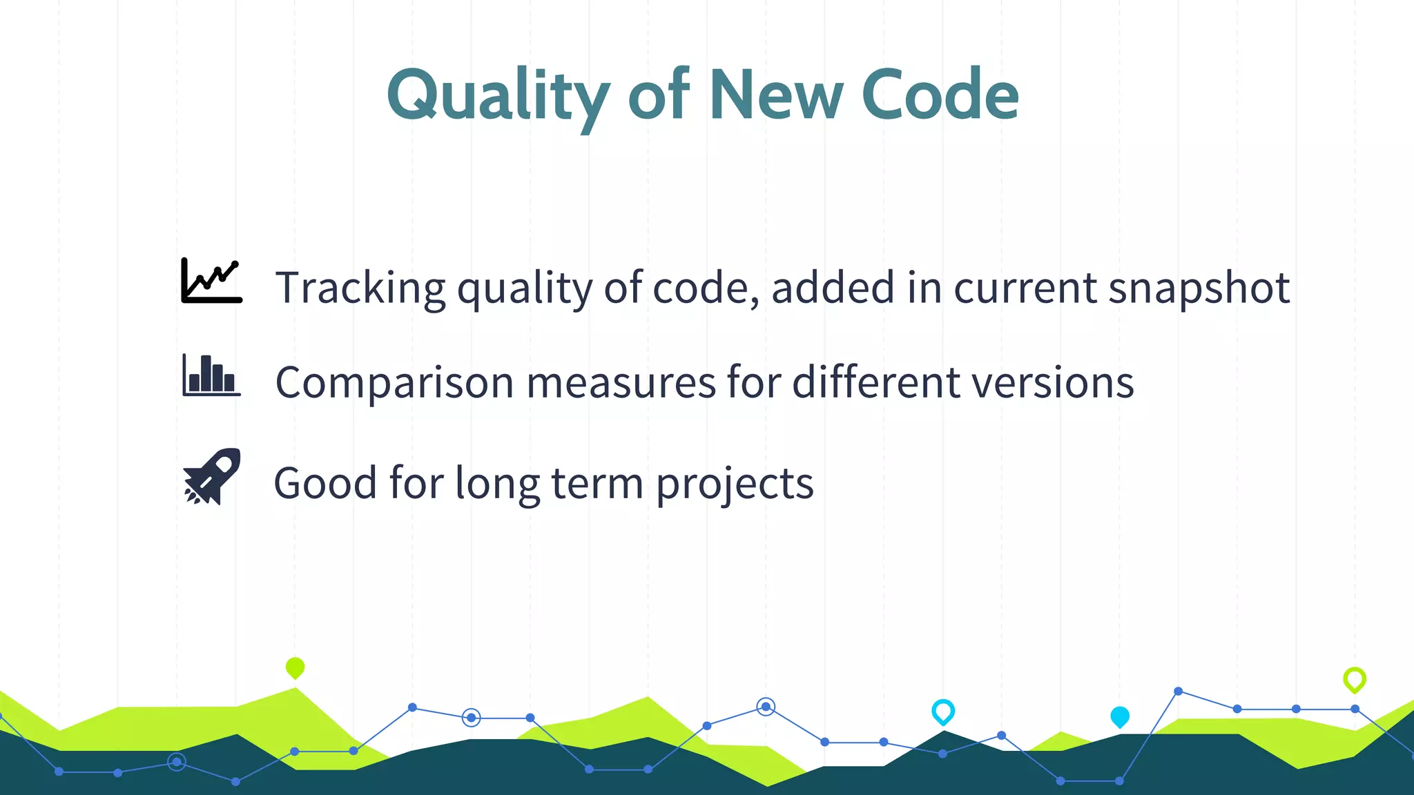 Quality of New Code
Comparison measures for different versions
Good for long term projects
Tracking quality of code, added in current snapshot
 