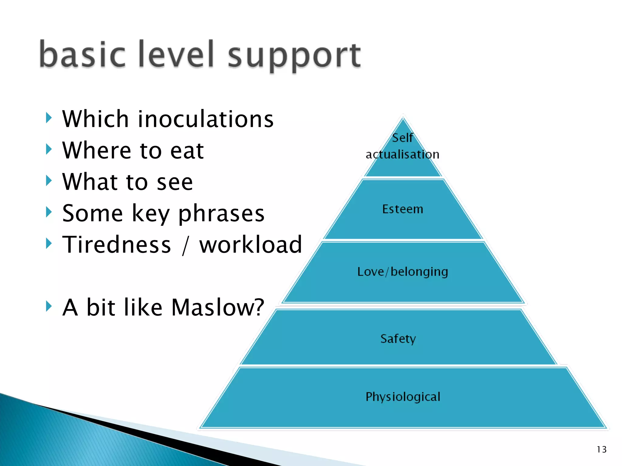    Which inoculations
   Where to eat
   What to see
   Some key phrases
   Tiredness / workload

   A bit like Maslow?




                           13
 