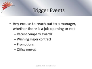 Trigger Events
• Any excuse to reach out to a manager,
whether there is a job opening or not
– Recent company awards
– Winning major contract
– Promotions
– Office moves
(c)2010, 2012 Donna Shannon
 
