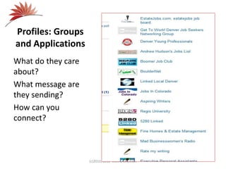 Profiles: Groups
and Applications
What do they care
about?
What message are
they sending?
How can you
connect?
(c)2010, 2012 Donna Shannon
 