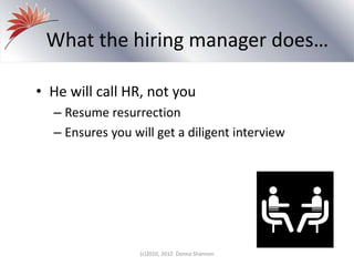What the hiring manager does…
• He will call HR, not you
– Resume resurrection
– Ensures you will get a diligent interview
(c)2010, 2012 Donna Shannon
 