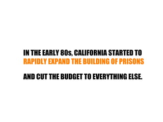 IN THE EARLY 80s, CALIFORNIA STARTED TO
RAPIDLY EXPAND THE BUILDING OF PRISONS

AND CUT THE BUDGET TO EVERYTHING ELSE.
 