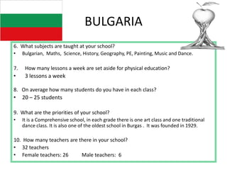 BULGARIA
6. What subjects are taught at your school?
• Bulgarian, Maths, Science, History, Geography, PE, Painting, Music and Dance.
7. How many lessons a week are set aside for physical education?
• 3 lessons a week
8. On average how many students do you have in each class?
• 20 – 25 students
9. What are the priorities of your school?
• It is a Comprehensive school, in each grade there is one art class and one traditional
dance class. It is also one of the oldest school in Burgas . It was founded in 1929.
10. How many teachers are there in your school?
• 32 teachers
• Female teachers: 26 Male teachers: 6
 
