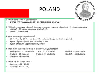 POLAND
1. What is the name of your school?
• SZKOŁA PODSTAWOWA NR 171 IM. STANISŁAWA STASZICA2.
2. Which levels do you educate? Kindergarten(nursery), primary (grades 1 - 4) , lower secondary
(grades 5 – 8), upper secondary (grades 9-12)
• GRADES 0-6 PRIMARY
3. What are the age requirements?
• 5-6 for Year 0 , 6-7 for year 1 and the rest accordingly, we finish in grade 6,
• 3 years of gimnazjum- lower secondary school
• 3 years of liceum- upper secondary school
4. How many students are there in each level, in your school?
• Kindergarten – 55 students Grade 1 – 28 students Grade 2 – 63 students
• Grade 3 – 48 students Grade 4 - 51 students Grade 5 – 48 students
• Grade 6 – 48 students
5. What are the school times?
• Students : 8.00 – 13.50
• Teachers : 7.45 – 15.00
 