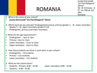 ROMANIA
1. What is the name of your school?
• Şcoala Gimnazială “Ion Pop Reteganul” Sâncel
2. Which levels do you educate? Kindergarten(nursery), primary (grades 1 - 4) , lower secondary
(grades 5 – 8), upper secondary (grades 9-12)
• Kindergarten, primary and lower secondary.
3. What are the age requirements?
• Kindergarten – 3yrs to 6yrs
• Primary – 6yrs to 11yrs
• Lower secondary – 11yrs to 15yrs
• Upper secondary - 15yrs to 19yrs
4. How many students are there in each level, in your school?
• Kindergarten – 63 students
• Primary – 115 students
• Lower secondary – 112 students
5. What are the school times?
• Students - Primary: 8.00 – 12.00 Lower secondary: 8.00 – 14.00
• Teachers : 8.00 – 14.00
Școala Gimnazială
“Ion Pop Reteganul”
Sâncel
Str. M. Eminescu nr.
27 loc. Sâncel jud.
Alba
România
 