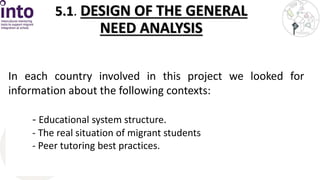 5.1. DESIGN OF THE GENERAL 
NEED ANALYSIS 
In each country involved in this project we looked for 
information about the following contexts: 
- Educational system structure. 
- The real situation of migrant students 
- Peer tutoring best practices. 
 