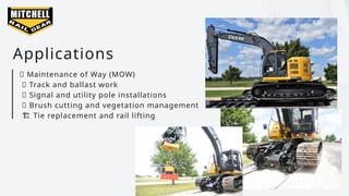 🔧 Maintenance of Way (MOW)
🔨 Track and ballast work
🚧 Signal and utility pole installations
🌲 Brush cutting and vegetation management
️🏗️Tie replacement and rail lifting
Applications
 