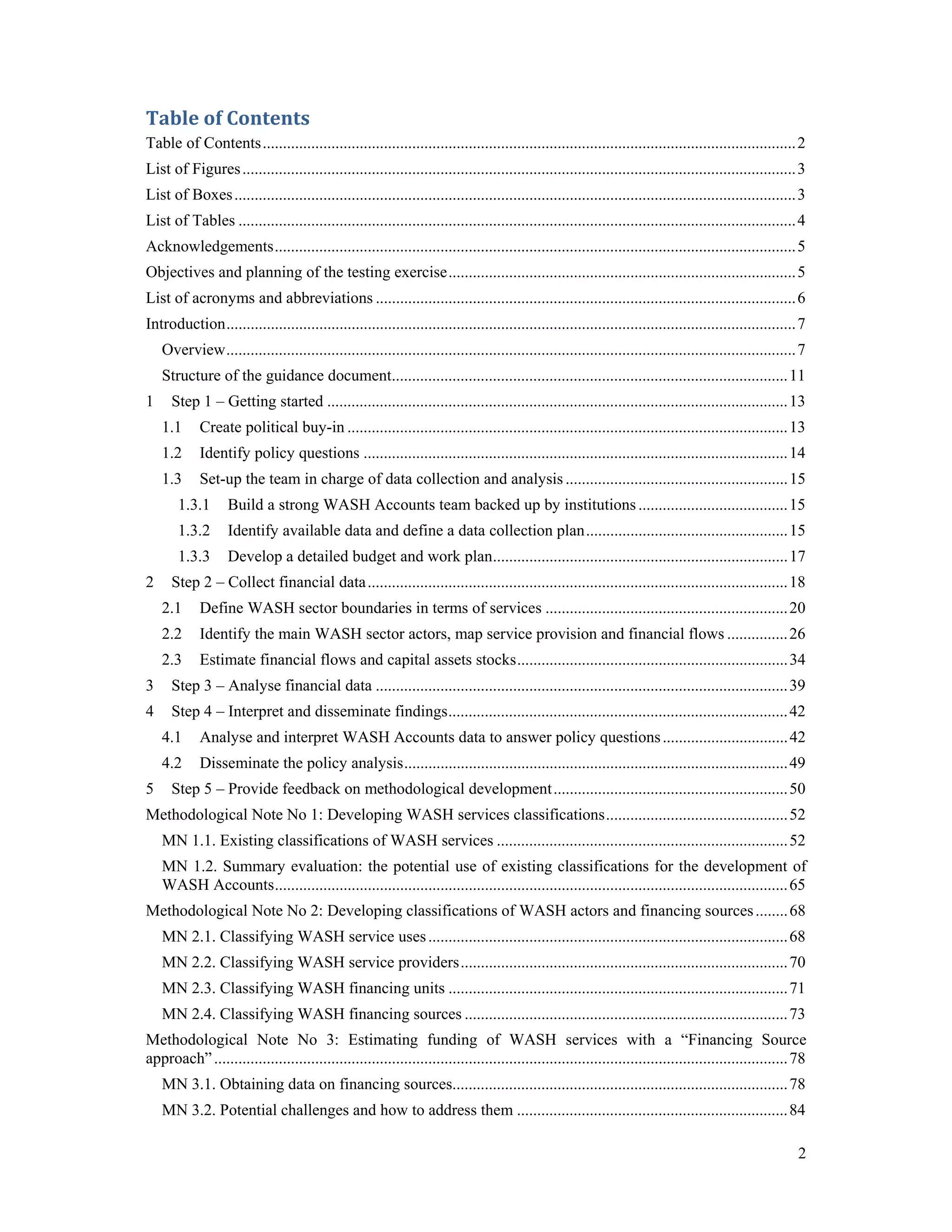 Table of Contents 
Table of Contents .................................................................................................................................... 2 
List of Figures ......................................................................................................................................... 3 
List of Boxes ........................................................................................................................................... 3 
List of Tables .......................................................................................................................................... 4 
Acknowledgements ................................................................................................................................. 5 
Objectives and planning of the testing exercise ...................................................................................... 5 
List of acronyms and abbreviations ........................................................................................................ 6 
Introduction ............................................................................................................................................. 7 
Overview ............................................................................................................................................. 7 
Structure of the guidance document .................................................................................................. 11 
1 Step 1 – Getting started .................................................................................................................. 13 
1.1 Create political buy-in ............................................................................................................. 13 
1.2 Identify policy questions ......................................................................................................... 14 
1.3 Set-up the team in charge of data collection and analysis ....................................................... 15 
1.3.1 Build a strong WASH Accounts team backed up by institutions ..................................... 15 
1.3.2 Identify available data and define a data collection plan .................................................. 15 
1.3.3 Develop a detailed budget and work plan ......................................................................... 17 
2 Step 2 – Collect financial data ........................................................................................................ 18 
2.1 Define WASH sector boundaries in terms of services ............................................................ 20 
2.2 Identify the main WASH sector actors, map service provision and financial flows ............... 26 
2.3 Estimate financial flows and capital assets stocks ................................................................... 34 
3 Step 3 – Analyse financial data ...................................................................................................... 39 
4 Step 4 – Interpret and disseminate findings .................................................................................... 42 
4.1 Analyse and interpret WASH Accounts data to answer policy questions ............................... 42 
4.2 Disseminate the policy analysis ............................................................................................... 49 
5 Step 5 – Provide feedback on methodological development .......................................................... 50 
Methodological Note No 1: Developing WASH services classifications ............................................. 52 
MN 1.1. Existing classifications of WASH services ........................................................................ 52 
MN 1.2. Summary evaluation: the potential use of existing classifications for the development of 
WASH Accounts ............................................................................................................................... 65 
Methodological Note No 2: Developing classifications of WASH actors and financing sources ........ 68 
MN 2.1. Classifying WASH service uses ......................................................................................... 68 
MN 2.2. Classifying WASH service providers ................................................................................. 70 
MN 2.3. Classifying WASH financing units .................................................................................... 71 
MN 2.4. Classifying WASH financing sources ................................................................................ 73 
Methodological Note No 3: Estimating funding of WASH services with a “Financing Source 
approach” .............................................................................................................................................. 78 
MN 3.1. Obtaining data on financing sources................................................................................... 78 
MN 3.2. Potential challenges and how to address them ................................................................... 84 
2 
 