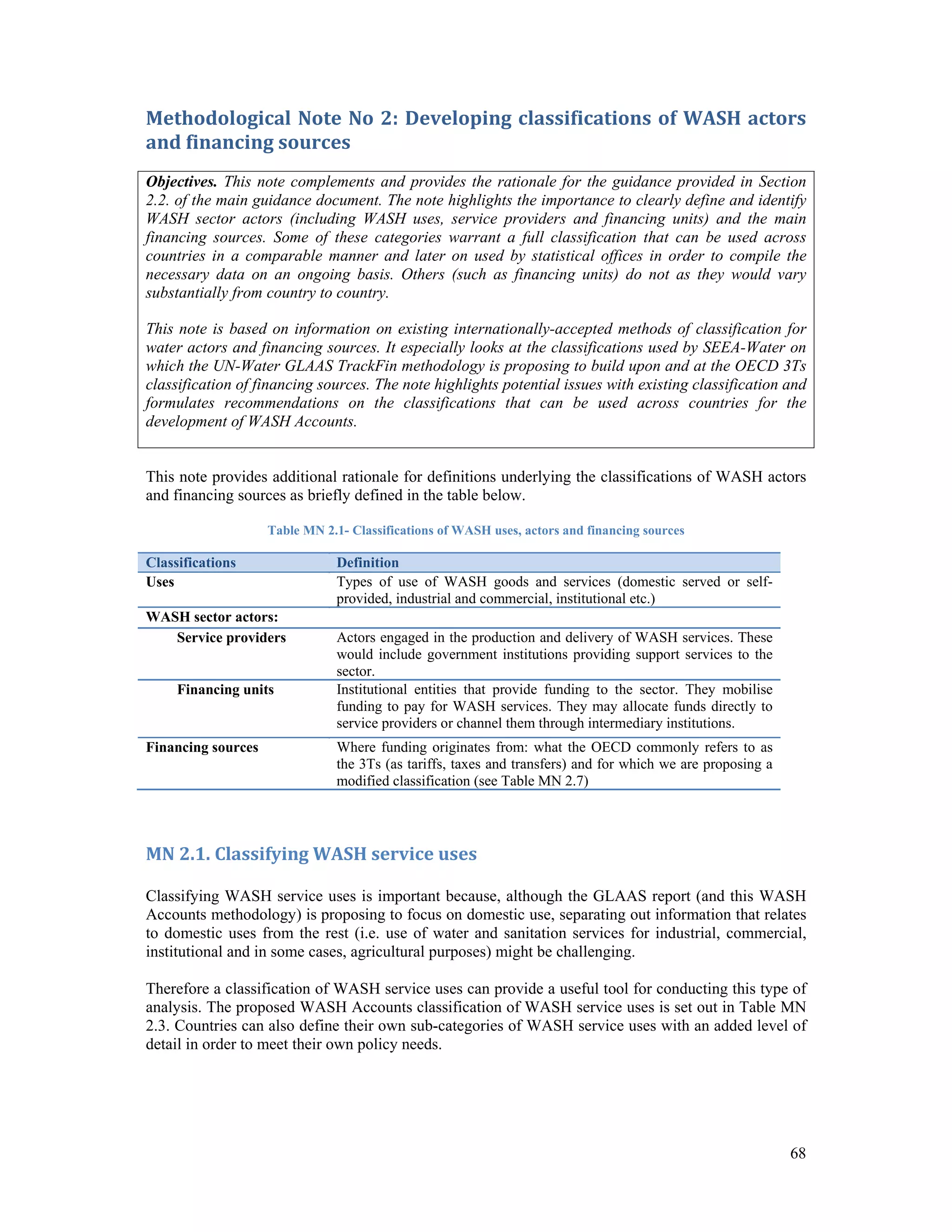 Methodological Note No 2: Developing classifications of WASH actors 
and financing sources 
Objectives. This note complements and provides the rationale for the guidance provided in Section 
2.2. of the main guidance document. The note highlights the importance to clearly define and identify 
WASH sector actors (including WASH uses, service providers and financing units) and the main 
financing sources. Some of these categories warrant a full classification that can be used across 
countries in a comparable manner and later on used by statistical offices in order to compile the 
necessary data on an ongoing basis. Others (such as financing units) do not as they would vary 
substantially from country to country. 
This note is based on information on existing internationally-accepted methods of classification for 
water actors and financing sources. It especially looks at the classifications used by SEEA-Water on 
which the UN-Water GLAAS TrackFin methodology is proposing to build upon and at the OECD 3Ts 
classification of financing sources. The note highlights potential issues with existing classification and 
formulates recommendations on the classifications that can be used across countries for the 
development of WASH Accounts. 
This note provides additional rationale for definitions underlying the classifications of WASH actors 
and financing sources as briefly defined in the table below. 
68 
Table MN 2.1- Classifications of WASH uses, actors and financing sources 
Classifications Definition 
Uses Types of use of WASH goods and services (domestic served or self-provided, 
industrial and commercial, institutional etc.) 
WASH sector actors: 
Service providers Actors engaged in the production and delivery of WASH services. These 
would include government institutions providing support services to the 
sector. 
Financing units Institutional entities that provide funding to the sector. They mobilise 
funding to pay for WASH services. They may allocate funds directly to 
service providers or channel them through intermediary institutions. 
Financing sources Where funding originates from: what the OECD commonly refers to as 
the 3Ts (as tariffs, taxes and transfers) and for which we are proposing a 
modified classification (see Table MN 2.7) 
MN 2.1. Classifying WASH service uses 
Classifying WASH service uses is important because, although the GLAAS report (and this WASH 
Accounts methodology) is proposing to focus on domestic use, separating out information that relates 
to domestic uses from the rest (i.e. use of water and sanitation services for industrial, commercial, 
institutional and in some cases, agricultural purposes) might be challenging. 
Therefore a classification of WASH service uses can provide a useful tool for conducting this type of 
analysis. The proposed WASH Accounts classification of WASH service uses is set out in Table MN 
2.3. Countries can also define their own sub-categories of WASH service uses with an added level of 
detail in order to meet their own policy needs. 
 