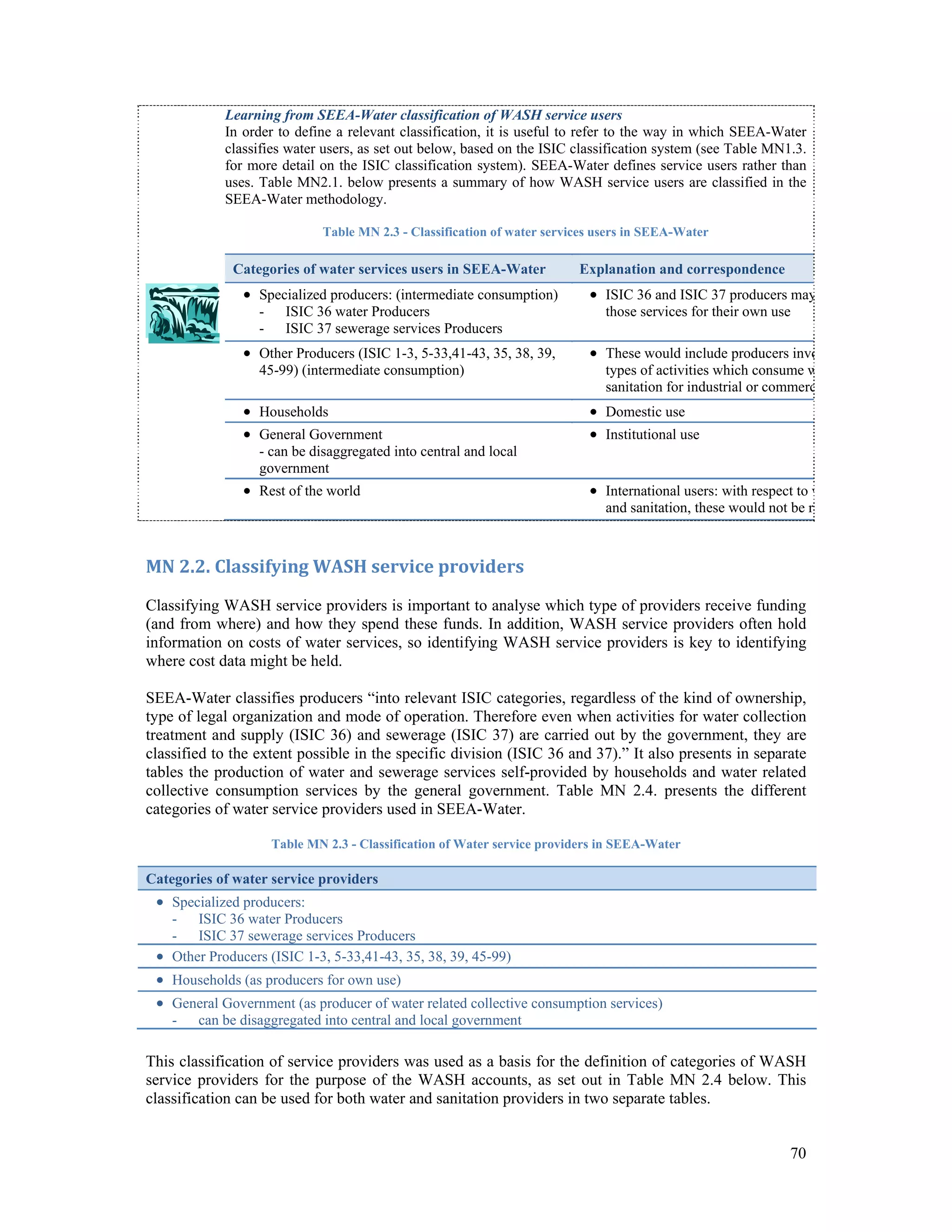 Learning from SEEA-Water classification of WASH service users 
In order to define a relevant classification, it is useful to refer to the way in which SEEA-Water 
classifies water users, as set out below, based on the ISIC classification system (see Table MN1.3. 
for more detail on the ISIC classification system). SEEA-Water defines service users rather than 
uses. Table MN2.1. below presents a summary of how WASH service users are classified in the 
SEEA-Water methodology. 
70 
Table MN 2.3 - Classification of water services users in SEEA-Water 
Categories of water services users in SEEA-Water Explanation and correspondence 
 Specialized producers: (intermediate consumption) 
- ISIC 36 water Producers 
- ISIC 37 sewerage services Producers 
 ISIC 36 and ISIC 37 producers may 
those services for their own use 
 Other Producers (ISIC 1-3, 5-33,41-43, 35, 38, 39, 
45-99) (intermediate consumption) 
 These would include producers invo 
types of activities which consume w 
sanitation for industrial or commerc 
 Households  Domestic use 
 General Government 
- can be disaggregated into central and local 
government 
 Institutional use 
 Rest of the world  International users: with respect to w 
and sanitation, these would not be r 
MN 2.2. Classifying WASH service providers 
Classifying WASH service providers is important to analyse which type of providers receive funding 
(and from where) and how they spend these funds. In addition, WASH service providers often hold 
information on costs of water services, so identifying WASH service providers is key to identifying 
where cost data might be held. 
SEEA-Water classifies producers “into relevant ISIC categories, regardless of the kind of ownership, 
type of legal organization and mode of operation. Therefore even when activities for water collection 
treatment and supply (ISIC 36) and sewerage (ISIC 37) are carried out by the government, they are 
classified to the extent possible in the specific division (ISIC 36 and 37).” It also presents in separate 
tables the production of water and sewerage services self-provided by households and water related 
collective consumption services by the general government. Table MN 2.4. presents the different 
categories of water service providers used in SEEA-Water. 
Table MN 2.3 - Classification of Water service providers in SEEA-Water 
Categories of water service providers 
 Specialized producers: 
- ISIC 36 water Producers 
- ISIC 37 sewerage services Producers 
 Other Producers (ISIC 1-3, 5-33,41-43, 35, 38, 39, 45-99) 
 Households (as producers for own use) 
 General Government (as producer of water related collective consumption services) 
- can be disaggregated into central and local government 
This classification of service providers was used as a basis for the definition of categories of WASH 
service providers for the purpose of the WASH accounts, as set out in Table MN 2.4 below. This 
classification can be used for both water and sanitation providers in two separate tables. 
 