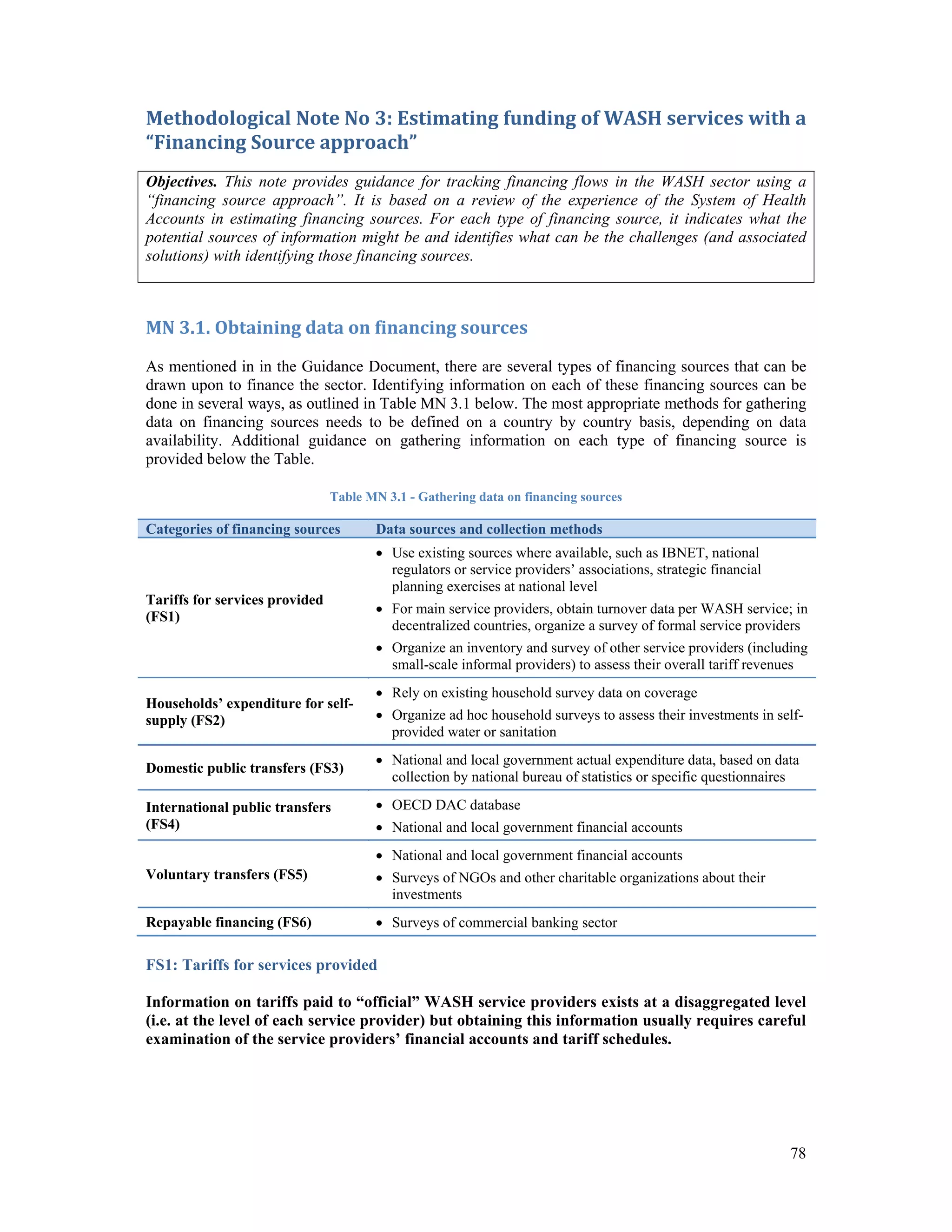 Methodological Note No 3: Estimating funding of WASH services with a 
“Financing Source approach” 
Objectives. This note provides guidance for tracking financing flows in the WASH sector using a 
“financing source approach”. It is based on a review of the experience of the System of Health 
Accounts in estimating financing sources. For each type of financing source, it indicates what the 
potential sources of information might be and identifies what can be the challenges (and associated 
solutions) with identifying those financing sources. 
MN 3.1. Obtaining data on financing sources 
As mentioned in in the Guidance Document, there are several types of financing sources that can be 
drawn upon to finance the sector. Identifying information on each of these financing sources can be 
done in several ways, as outlined in Table MN 3.1 below. The most appropriate methods for gathering 
data on financing sources needs to be defined on a country by country basis, depending on data 
availability. Additional guidance on gathering information on each type of financing source is 
provided below the Table. 
78 
Table MN 3.1 - Gathering data on financing sources 
Categories of financing sources Data sources and collection methods 
Tariffs for services provided 
(FS1) 
 Use existing sources where available, such as IBNET, national 
regulators or service providers’ associations, strategic financial 
planning exercises at national level 
 For main service providers, obtain turnover data per WASH service; in 
decentralized countries, organize a survey of formal service providers 
 Organize an inventory and survey of other service providers (including 
small-scale informal providers) to assess their overall tariff revenues 
Households’ expenditure for self-supply 
(FS2) 
 Rely on existing household survey data on coverage 
 Organize ad hoc household surveys to assess their investments in self-provided 
water or sanitation 
Domestic public transfers (FS3)  National and local government actual expenditure data, based on data 
collection by national bureau of statistics or specific questionnaires 
International public transfers 
(FS4) 
 OECD DAC database 
 National and local government financial accounts 
Voluntary transfers (FS5) 
 National and local government financial accounts 
 Surveys of NGOs and other charitable organizations about their 
investments 
Repayable financing (FS6)  Surveys of commercial banking sector 
FS1: Tariffs for services provided 
Information on tariffs paid to “official” WASH service providers exists at a disaggregated level 
(i.e. at the level of each service provider) but obtaining this information usually requires careful 
examination of the service providers’ financial accounts and tariff schedules. 
 