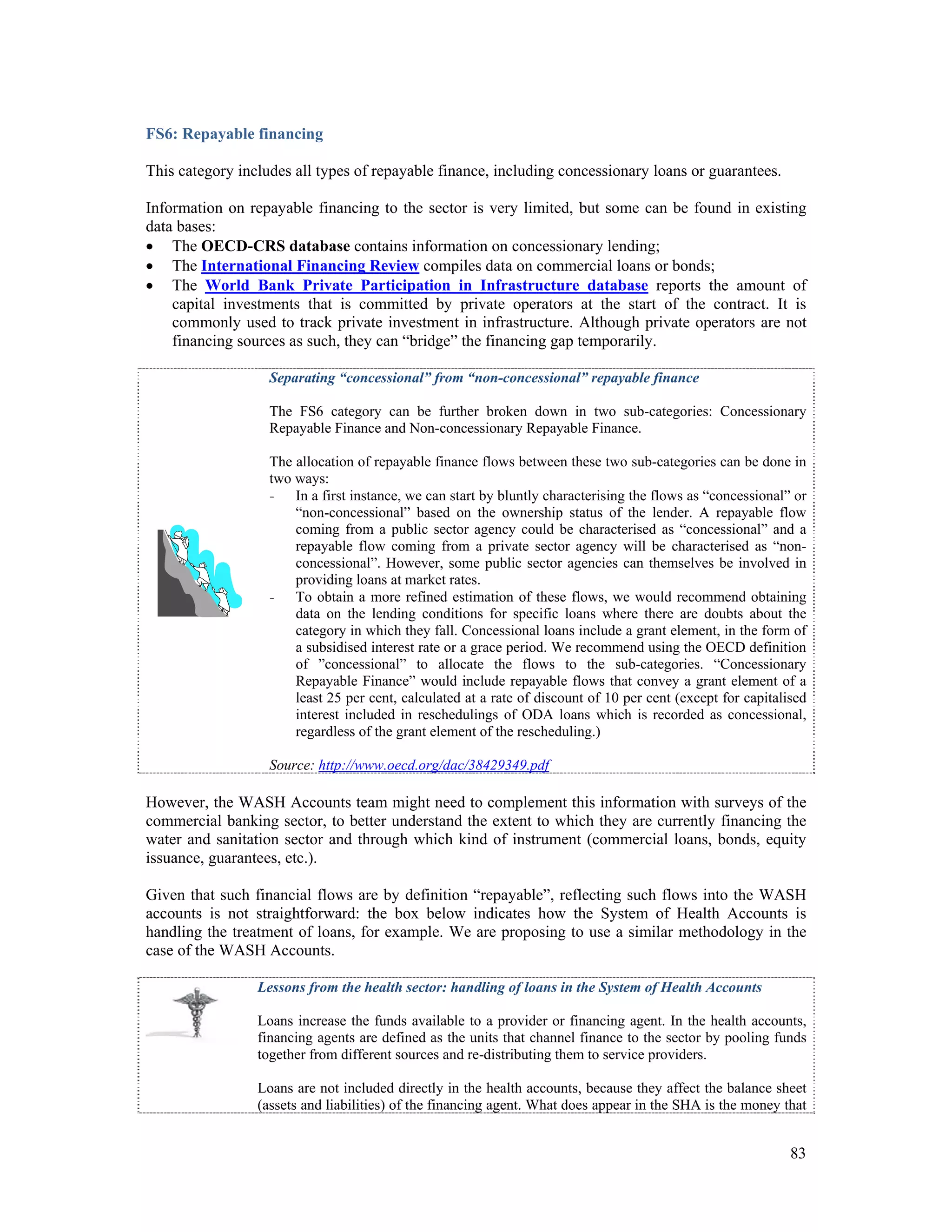 FS6: Repayable financing 
This category includes all types of repayable finance, including concessionary loans or guarantees. 
Information on repayable financing to the sector is very limited, but some can be found in existing 
data bases: 
 The OECD-CRS database contains information on concessionary lending; 
 The International Financing Review compiles data on commercial loans or bonds; 
 The World Bank Private Participation in Infrastructure database reports the amount of 
capital investments that is committed by private operators at the start of the contract. It is 
commonly used to track private investment in infrastructure. Although private operators are not 
financing sources as such, they can “bridge” the financing gap temporarily. 
Separating “concessional” from “non-concessional” repayable finance 
The FS6 category can be further broken down in two sub-categories: Concessionary 
Repayable Finance and Non-concessionary Repayable Finance. 
The allocation of repayable finance flows between these two sub-categories can be done in 
two ways: 
- In a first instance, we can start by bluntly characterising the flows as “concessional” or 
“non-concessional” based on the ownership status of the lender. A repayable flow 
coming from a public sector agency could be characterised as “concessional” and a 
repayable flow coming from a private sector agency will be characterised as “non-concessional”. 
However, some public sector agencies can themselves be involved in 
83 
providing loans at market rates. 
- To obtain a more refined estimation of these flows, we would recommend obtaining 
data on the lending conditions for specific loans where there are doubts about the 
category in which they fall. Concessional loans include a grant element, in the form of 
a subsidised interest rate or a grace period. We recommend using the OECD definition 
of ”concessional” to allocate the flows to the sub-categories. “Concessionary 
Repayable Finance” would include repayable flows that convey a grant element of a 
least 25 per cent, calculated at a rate of discount of 10 per cent (except for capitalised 
interest included in reschedulings of ODA loans which is recorded as concessional, 
regardless of the grant element of the rescheduling.) 
Source: http://www.oecd.org/dac/38429349.pdf 
However, the WASH Accounts team might need to complement this information with surveys of the 
commercial banking sector, to better understand the extent to which they are currently financing the 
water and sanitation sector and through which kind of instrument (commercial loans, bonds, equity 
issuance, guarantees, etc.). 
Given that such financial flows are by definition “repayable”, reflecting such flows into the WASH 
accounts is not straightforward: the box below indicates how the System of Health Accounts is 
handling the treatment of loans, for example. We are proposing to use a similar methodology in the 
case of the WASH Accounts. 
Lessons from the health sector: handling of loans in the System of Health Accounts 
Loans increase the funds available to a provider or financing agent. In the health accounts, 
financing agents are defined as the units that channel finance to the sector by pooling funds 
together from different sources and re-distributing them to service providers. 
Loans are not included directly in the health accounts, because they affect the balance sheet 
(assets and liabilities) of the financing agent. What does appear in the SHA is the money that 
 
