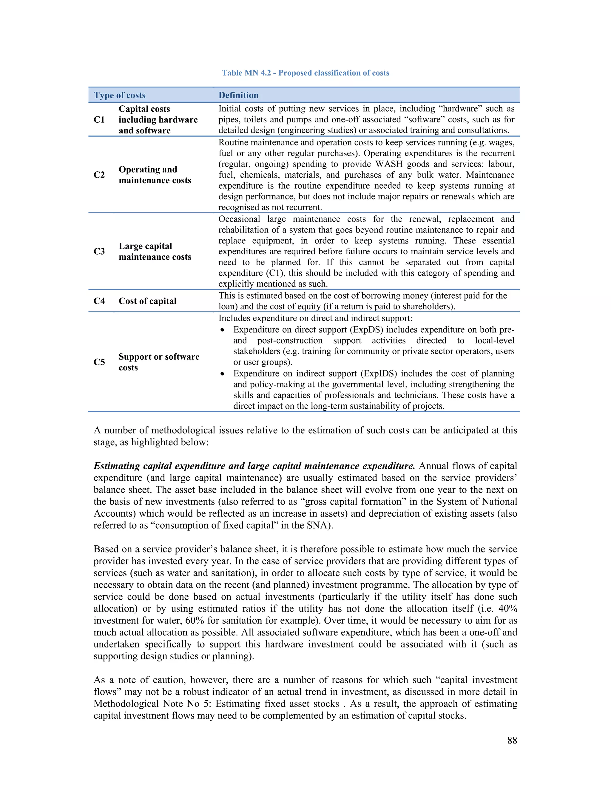 88 
Table MN 4.2 - Proposed classification of costs 
Type of costs Definition 
C1 
Capital costs 
including hardware 
and software 
Initial costs of putting new services in place, including “hardware” such as 
pipes, toilets and pumps and one-off associated “software” costs, such as for 
detailed design (engineering studies) or associated training and consultations. 
C2 Operating and 
maintenance costs 
Routine maintenance and operation costs to keep services running (e.g. wages, 
fuel or any other regular purchases). Operating expenditures is the recurrent 
(regular, ongoing) spending to provide WASH goods and services: labour, 
fuel, chemicals, materials, and purchases of any bulk water. Maintenance 
expenditure is the routine expenditure needed to keep systems running at 
design performance, but does not include major repairs or renewals which are 
recognised as not recurrent. 
C3 Large capital 
maintenance costs 
Occasional large maintenance costs for the renewal, replacement and 
rehabilitation of a system that goes beyond routine maintenance to repair and 
replace equipment, in order to keep systems running. These essential 
expenditures are required before failure occurs to maintain service levels and 
need to be planned for. If this cannot be separated out from capital 
expenditure (C1), this should be included with this category of spending and 
explicitly mentioned as such. 
C4 Cost of capital This is estimated based on the cost of borrowing money (interest paid for the 
loan) and the cost of equity (if a return is paid to shareholders). 
C5 Support or software 
costs 
Includes expenditure on direct and indirect support: 
 Expenditure on direct support (ExpDS) includes expenditure on both pre-and 
post-construction support activities directed to local-level 
stakeholders (e.g. training for community or private sector operators, users 
or user groups). 
 Expenditure on indirect support (ExpIDS) includes the cost of planning 
and policy-making at the governmental level, including strengthening the 
skills and capacities of professionals and technicians. These costs have a 
direct impact on the long-term sustainability of projects. 
A number of methodological issues relative to the estimation of such costs can be anticipated at this 
stage, as highlighted below: 
Estimating capital expenditure and large capital maintenance expenditure. Annual flows of capital 
expenditure (and large capital maintenance) are usually estimated based on the service providers’ 
balance sheet. The asset base included in the balance sheet will evolve from one year to the next on 
the basis of new investments (also referred to as “gross capital formation” in the System of National 
Accounts) which would be reflected as an increase in assets) and depreciation of existing assets (also 
referred to as “consumption of fixed capital” in the SNA). 
Based on a service provider’s balance sheet, it is therefore possible to estimate how much the service 
provider has invested every year. In the case of service providers that are providing different types of 
services (such as water and sanitation), in order to allocate such costs by type of service, it would be 
necessary to obtain data on the recent (and planned) investment programme. The allocation by type of 
service could be done based on actual investments (particularly if the utility itself has done such 
allocation) or by using estimated ratios if the utility has not done the allocation itself (i.e. 40% 
investment for water, 60% for sanitation for example). Over time, it would be necessary to aim for as 
much actual allocation as possible. All associated software expenditure, which has been a one-off and 
undertaken specifically to support this hardware investment could be associated with it (such as 
supporting design studies or planning). 
As a note of caution, however, there are a number of reasons for which such “capital investment 
flows” may not be a robust indicator of an actual trend in investment, as discussed in more detail in 
Methodological Note No 5: Estimating fixed asset stocks . As a result, the approach of estimating 
capital investment flows may need to be complemented by an estimation of capital stocks. 
 
