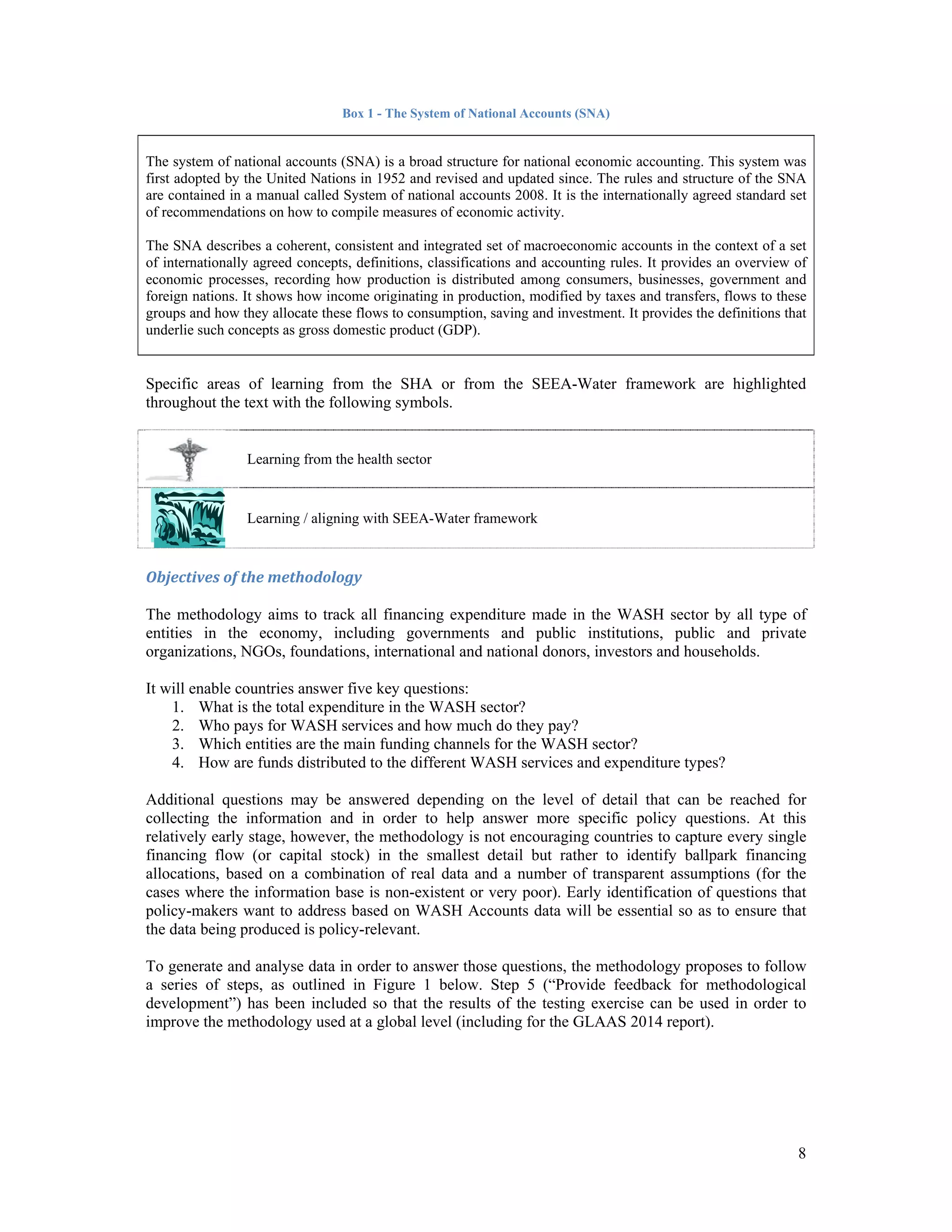 8 
Box 1 - The System of National Accounts (SNA) 
The system of national accounts (SNA) is a broad structure for national economic accounting. This system was 
first adopted by the United Nations in 1952 and revised and updated since. The rules and structure of the SNA 
are contained in a manual called System of national accounts 2008. It is the internationally agreed standard set 
of recommendations on how to compile measures of economic activity. 
The SNA describes a coherent, consistent and integrated set of macroeconomic accounts in the context of a set 
of internationally agreed concepts, definitions, classifications and accounting rules. It provides an overview of 
economic processes, recording how production is distributed among consumers, businesses, government and 
foreign nations. It shows how income originating in production, modified by taxes and transfers, flows to these 
groups and how they allocate these flows to consumption, saving and investment. It provides the definitions that 
underlie such concepts as gross domestic product (GDP). 
Specific areas of learning from the SHA or from the SEEA-Water framework are highlighted 
throughout the text with the following symbols. 
Learning from the health sector 
Learning / aligning with SEEA-Water framework 
Objectives of the methodology 
The methodology aims to track all financing expenditure made in the WASH sector by all type of 
entities in the economy, including governments and public institutions, public and private 
organizations, NGOs, foundations, international and national donors, investors and households. 
It will enable countries answer five key questions: 
1. What is the total expenditure in the WASH sector? 
2. Who pays for WASH services and how much do they pay? 
3. Which entities are the main funding channels for the WASH sector? 
4. How are funds distributed to the different WASH services and expenditure types? 
Additional questions may be answered depending on the level of detail that can be reached for 
collecting the information and in order to help answer more specific policy questions. At this 
relatively early stage, however, the methodology is not encouraging countries to capture every single 
financing flow (or capital stock) in the smallest detail but rather to identify ballpark financing 
allocations, based on a combination of real data and a number of transparent assumptions (for the 
cases where the information base is non-existent or very poor). Early identification of questions that 
policy-makers want to address based on WASH Accounts data will be essential so as to ensure that 
the data being produced is policy-relevant. 
To generate and analyse data in order to answer those questions, the methodology proposes to follow 
a series of steps, as outlined in Figure 1 below. Step 5 (“Provide feedback for methodological 
development”) has been included so that the results of the testing exercise can be used in order to 
improve the methodology used at a global level (including for the GLAAS 2014 report). 
 