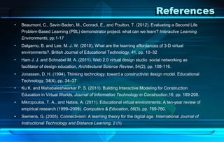 •  Beaumont, C., Savin-Baden, M., Conradi, E., and Poulton, T. (2012). Evaluating a Second Life
Problem-Based Learning (PB...