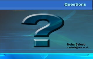 Questions
Noha Saleeb
n.saleeb@mdx.ac.uk
 