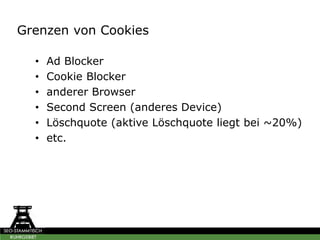 Grenzen von Cookies
• Ad Blocker
• Cookie Blocker
• anderer Browser
• Second Screen (anderes Device)
• Löschquote (aktive Löschquote liegt bei ~20%)
• etc.
 