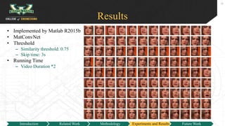 Results
• Implemented by Matlab R2015b
• MatConvNet
• Threshold
– Similarity threshold: 0.75
– Skip time: 3s
• Running Time
– Video Duration *2
16
Introduction Related Work Methodology Experiments and Results Future Work
 