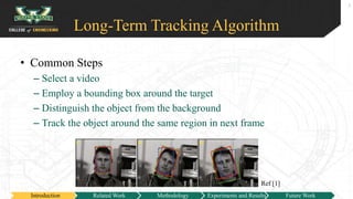 Long-Term Tracking Algorithm
• Common Steps
– Select a video
– Employ a bounding box around the target
– Distinguish the object from the background
– Track the object around the same region in next frame
Ref [1]
3
Introduction Related Work Methodology Experiments and Results Future Work
 