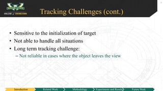 Tracking Challenges (cont.)
• Sensitive to the initialization of target
• Not able to handle all situations
• Long term tracking challenge:
– Not reliable in cases where the object leaves the view
6
Introduction Related Work Methodology Experiments and Results Future Work
 