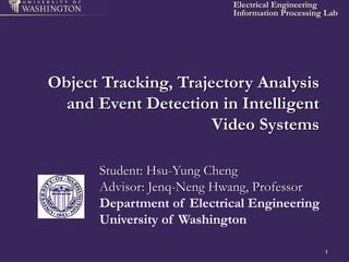 Information Processing Lab
Electrical Engineering
1
Object Tracking, Trajectory Analysis
and Event Detection in Intelligent
Video Systems
Student: Hsu-Yung Cheng
Advisor: Jenq-Neng Hwang, Professor
Department of Electrical Engineering
University of Washington
 