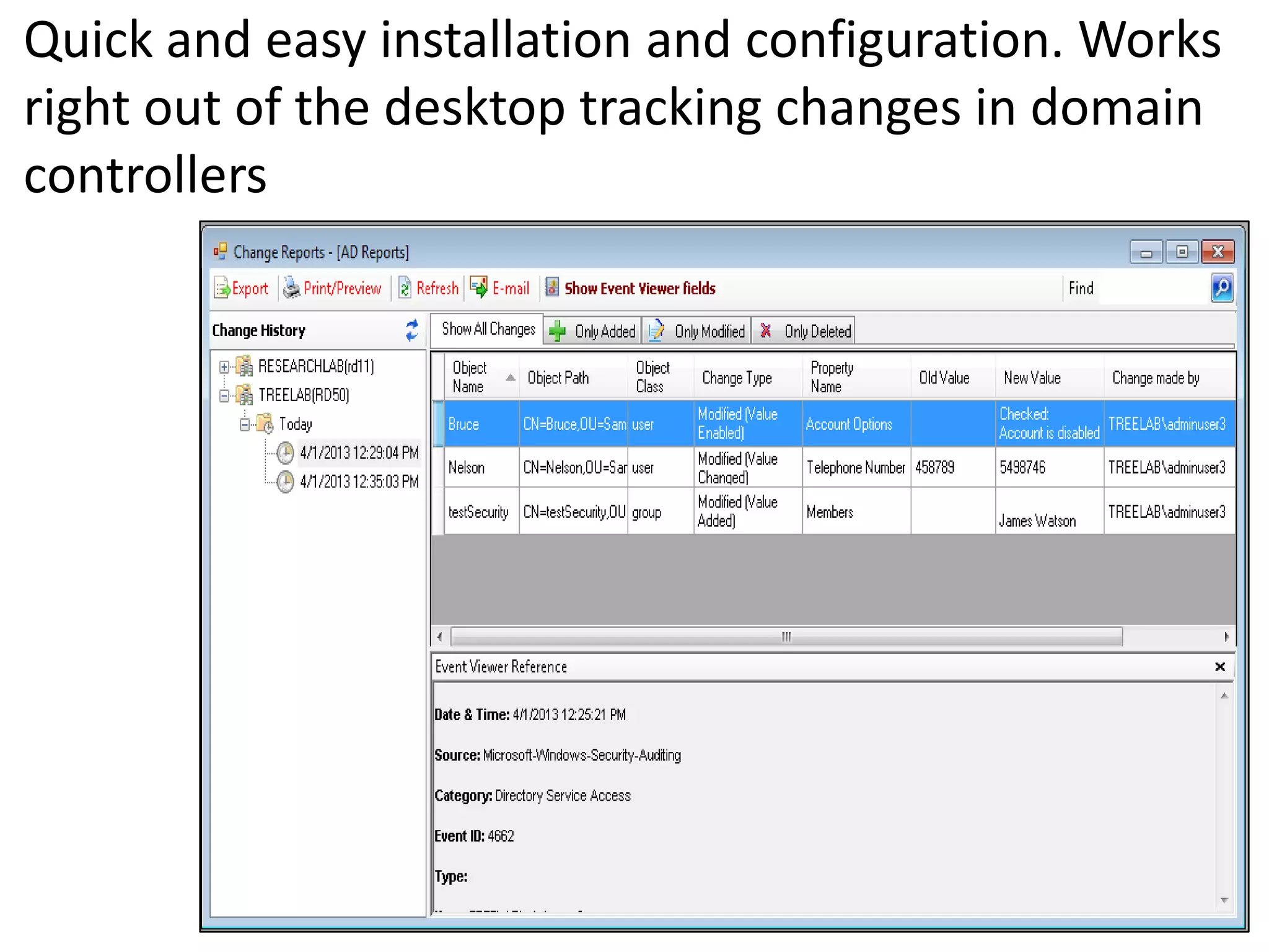 Quick and easy installation and configuration. Works
right out of the desktop tracking changes in domain
controllers
 