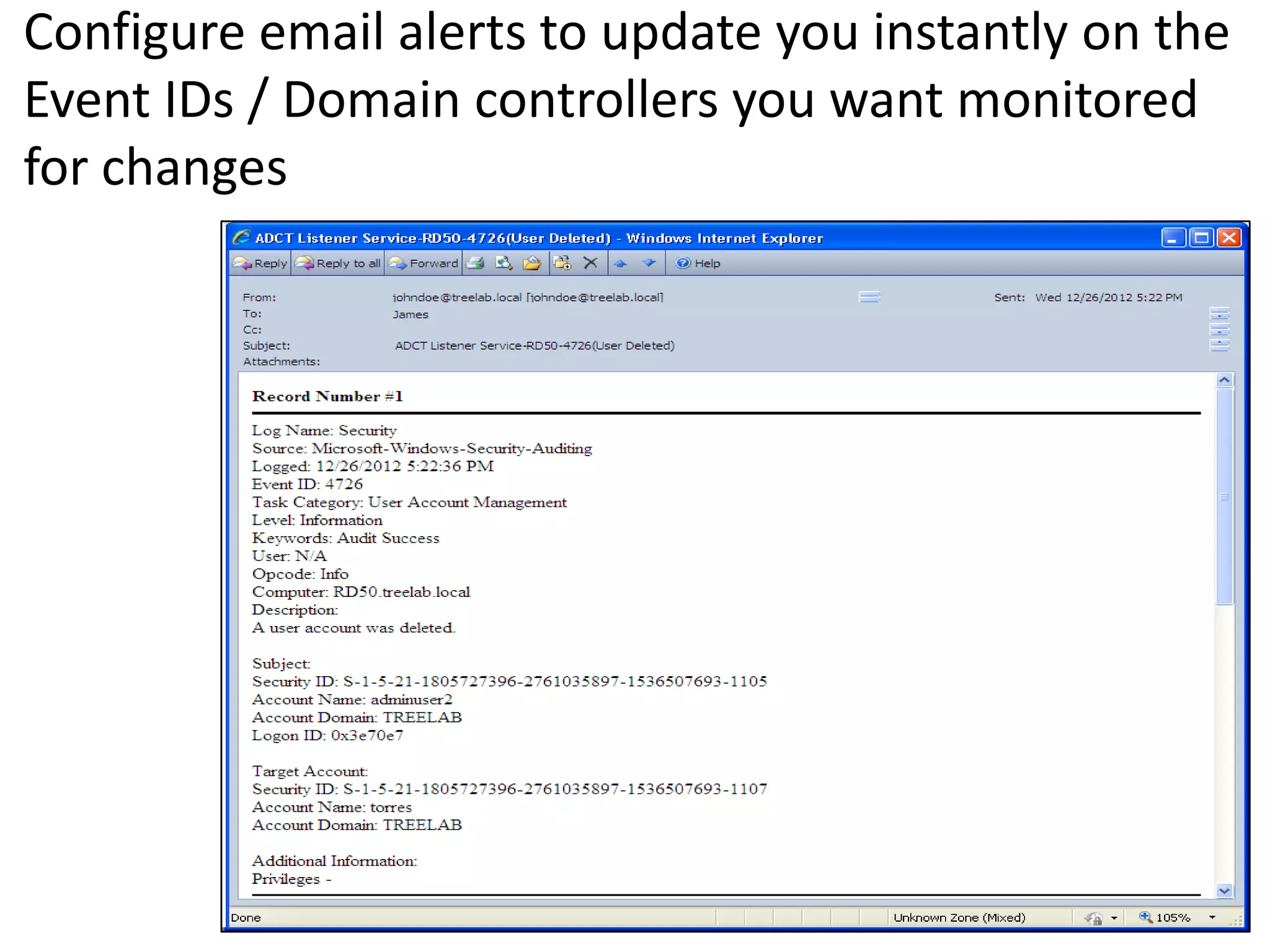 Configure email alerts to update you instantly on the
Event IDs / Domain controllers you want monitored
for changes
 