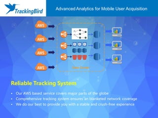 Reliable Tracking System
• Our AWS based service covers major parts of the globe
• Comprehensive tracking system ensures an blanketed network coverage
• We do our best to provide you with a stable and crush-free experience
Data Center
Advanced Analytics for Mobile User Acquisition
 