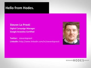 Hello from Hodes.   Steven Lo Presti Digital Campaign Manager  	Google Analytics Certified 	Twitter:	stevenlopresti 	LinkedIn:	http://www.linkedin.com/in/stevenlopresti 1 