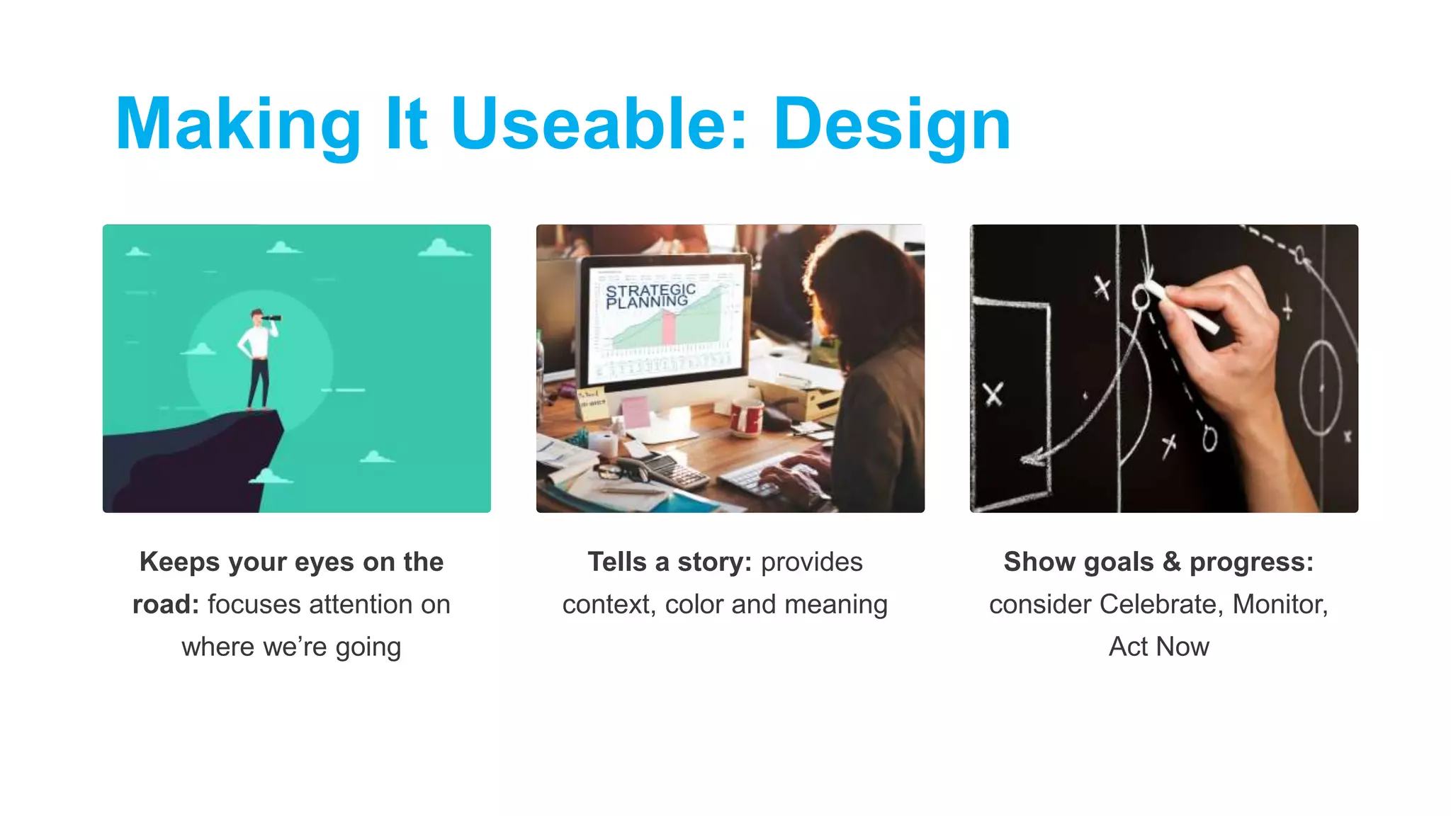 Keeps your eyes on the
road: focuses attention on
where we’re going
Show goals & progress:
consider Celebrate, Monitor,
Act Now
Tells a story: provides
context, color and meaning
Making It Useable: Design
 