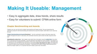 • Easy to aggregate data, draw trends, share results
• Easy for volunteers to submit: CFMA online form
Making It Useable: ...