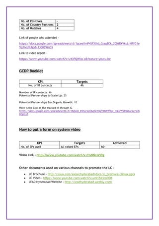 No. of Positives -
No. of Country Partners 2
No. of Matches 4
Link of people who attended –
https://docs.google.com/spreadsheets/d/1gceeXmP4SFXlIid_0zag8Ck_2QWRkVkuLrHPfG1e
9jU/edit#gid=1308397635
Link to video report –
https://www.youtube.com/watch?v=U43PQWlio-o&feature=youtu.be
GCDP Booklet
Number of IR contacts: 46
Potential Partnerships to Scale Up: 25
Potential Partnerships For Organic Growth: 10
Here is the Link of the tracked IR through IC-
https://docs.google.com/spreadsheets/d/1RgloO_85hyrIom6gbz2nQVYBRWdpi_mkwWa89k6ie7g/edi
t#gid=0
How to put a form on system video
KPI Targets Achieved
No. of EPs used All raised EPs 60+
Video Link - https://www.youtube.com/watch?v=YivNNxik59g
Other documents used on various channels to promote the LC –
 LC Brochure - http://issuu.com/aiesechyderabad/docs/lc_brochure-climax.pptx
 LC Video - https://www.youtube.com/watch?v=umHZ4HnnOO4
 LEAD Hyderabad Website - http://leadhyderabad.weebly.com/
KPI Targets
No. of IR contacts 46
 