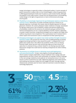 Introduction 9
© OECD/IEA, 2013.
energy technologies is especially evident in liberalised markets. A recent example of
policy intervention to reduce risk is in the United Kingdom, where the government
is offering guaranteed price levels over 35 years to a new nuclear facility. Although
the proposal is still under review, it shows that the UK government is reconsidering
market design in the light of requirements to meet environmental and energy
security goals.
■	 Flexibility is increasingly important for gas-fired power plants as electricity
systems evolve. Penetration of variable renewable electricity is firmly on an
upwards trajectory. In principle, this creates value for flexible operation of thermal
generation. However, the current wholesale market conditions in Europe, exacerbated
by high gas import prices, lack of flexibility markets and extensive deployment
of renewables, undermine the economics of combined-cycle gas turbines (CCGTs).
Technical developments are set to improve flexibility of CCGTs; however, depending
on power market structures, competing technologies such as engines and single-cycle
turbines may become more competitive. This is particularly true if investors look to
reduce capital and maintenance costs to compensate for fewer operating hours.
■	 Emerging technologies can capture new niche markets through innovative
business models. EVs account for more than 10% of rapidly growing car-sharing
programmes being launched in cities around the world — compared with 1% of
global sales market share. This reflects the suitability of EVs in the car-sharing
business model, where up-front costs and driving range are of less concern for
users than in a decision to buy a vehicle. Growth in car-sharing may also herald
behavioural changes that could have far-reaching consequences for urban mobility
solutions.
■	 Uncertainty on multiple fronts is delaying smart-grid deployment —
and associated benefits. To date, many aspects of smart-grid application,
which involves multiple stakeholders, remain ill-defined: how to assign roles and
responsibilities and how to share costs and benefits, for example. Another challenge
is that cost savings enabled by smart grids do not necessarily accrue in the same
sectors in which investments are made. Addressing regulatory and market barriers
and enabling new business models that will engage end users, leverage existing
infrastructure and better plan for future needs are essential to overcome delays in
technology deployment.
© OECD/IEA, 2013.© OECD/IEA, 2013.
50EUR/tCO2 carbon
price to effect coal-
to-gas switch in
Europe
4.5E U R / t C O 2
2013 carbon
price in Europe
Key Findings
61%share of population
served by district
heating in Denmark
3countries
with
electric
vehicle sales above
1% of the market
GW
current electricity
storage capacity
2.3%of electricity generated
from variable renewables
in 2011
 