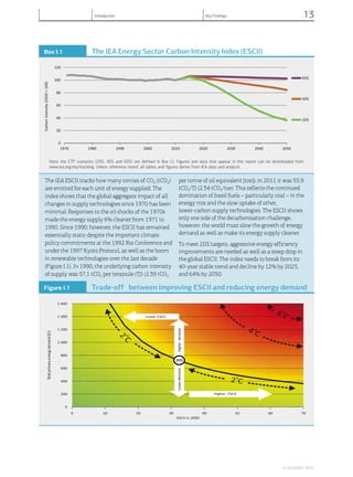 Box I.1 The IEA Energy Sector Carbon Intensity Index (ESCII)
0
20
40
60
80
100
120
1970 1980 1990 2000 2010 2020 2030 2040 2050
Carbonintensity(2010=100)
6DS
4DS
2DS
Note: the ETP scenarios (2DS, 4DS and 6DS) are defined in Box I.2. Figures and data that appear in this report can be downloaded from
www.iea.org/etp/tracking. Unless otherwise noted, all tables and figures derive from IEA data and analysis.
The IEA ESCII tracks how many tonnes of CO2 (tCO2)
are emitted for each unit of energy supplied. The
index shows that the global aggregate impact of all
changes in supply technologies since 1970 has been
minimal. Responses to the oil shocks of the 1970s
made the energy supply 6% cleaner from 1971 to
1990. Since 1990, however, the ESCII has remained
essentially static despite the important climate
policy commitments at the 1992 Rio Conference and
under the 1997 Kyoto Protocol, as well as the boom
in renewable technologies over the last decade
(Figure I.1). In 1990, the underlying carbon intensity
of supply was 57.1 tCO2 per terajoule (TJ) (2.39 tCO2
per tonne of oil equivalent [toe]); in 2011 it was 55.9
tCO2/TJ (2.34 tCO2/toe). This reflects the continued
domination of fossil fuels – particularly coal – in the
energy mix and the slow uptake of other,
lower-carbon supply technologies. The ESCII shows
only one side of the decarbonisation challenge,
however: the world must slow the growth of energy
demand as well as make its energy supply cleaner.
To meet 2DS targets, aggressive energy efficiency
improvements are needed as well as a steep drop in
the global ESCII. The index needs to break from its
40-year stable trend and decline by 12% by 2025,
and 64% by 2050.
Figure I.1 Trade-off between improving ESCII and reducing energy demand
0 10 20 30 40 50 60 70
Totalprimaryenergydemand(EJ)
ESCII in 2050
0
200
400
600
800
1 000
1 200
1 400
1 600
Higher ESCII
Higherdemand
Lower ESCII
4 C
o
2
Co
2 C
o
6 C
o
Lowerdemand
2DS
© OECD/IEA, 2014.
Introduction Key Findings 13
 