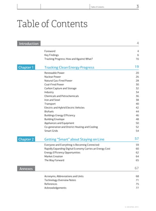 Table of Contents
Introduction 4
Foreword 4
Key Findings 6
Tracking Progress: How and Against What? 16
Chapter 1 Tracking Clean Energy Progress 19
Renewable Power 20
Nuclear Power 26
Natural Gas-Fired Power 28
Coal-Fired Power 30
Carbon Capture and Storage 32
Industry 34
Chemicals and Petrochemicals 36
Iron and Steel 38
Transport 40
Electric and Hybrid Electric Vehicles 42
Biofuels 44
Buildings Energy Efficiency 46
Building Envelope 48
Appliances and Equipment 50
Co-generation and District Heating and Cooling 52
Smart Grids 54
Chapter 2 Getting “Smart” about Staying on Line 57
Everyone and Everything is Becoming Connected 59
Rapidly Expanding Digital Economy Carries an Energy Cost 60
Energy Efficiency Opportunities 62
Market Creation 64
The Way Forward 65
Annexes 67
Acronyms, Abbreviations and Units 68
Technology Overview Notes 71
References 75
Acknowledgements 77
© OECD/IEA, 2014.
Table of Contents 3
 