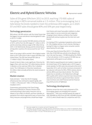 Electric and Hybrid Electric Vehicles
•Improvement needed
Sales of EVs grew 50% from 2012 to 2013, reaching 170 000; sales of
non-plug-in HEVs remained stable at 1.3 million. This is encouraging, but it
falls below the levels needed to meet the ambitious 2DS targets, as in 2025
EV and HEV sales should grow 80% and 50% per year respectively.
Technology penetration
With almost 100 000 vehicles sold, the United States had
the biggest increase and almost matched global EV sales
in 2012 (115 000).
The global EV stock reached 350 000 vehicles at the end
of 2013, still far from the 2DS target of 1 million in 2015
and the extremely ambitious target of 80 million EVs by
2025. In the Netherlands, Norway and the United States,
among other countries, EVs now account for over 1% of
sales.
Sales of non-plug-in HEVs reached 1.6% of global market
share in 2013, with 52% of sales in Japan and 39% in the
United States. The 2DS sees annual HEV sales at
17 million in 2025 (15% market share).
Growth of electric bikes is also significant. China has the
biggest fleet, with more than 150 million battery-electric
2-wheelers on the road (over 50% of the 2-wheelers
stock). The 2 600 plants in China that manufacture
36 million e-bikes annually will drive the stock increase in
all of Asia.
Market creation
Early estimates11
show that the EV charging
infrastructure has continued to expand rapidly, with
12 500 (+ 27%) slow and 1 300 (+ 67%) fast chargers
installed in 2013.
Governments participating in the Clean Energy
Ministerial (CEM) Electric Vehicles Initiative (EVI)
continued putting in place policy measures such as
rebates or tax credits on vehicles, purchase subsidies, or
exemption from vehicle registration taxes or license fees.
Policy measures and programmes should have longer
time frames and create favourable conditions in urban
areas subject to access restriction and congestion
charging to boost industry confidence that market
demand will continue to grow over the short term and
beyond.
Car sharing of EVs is growing in popularity and accounts
for 10% of global vehicles in such schemes. Renting or
leasing EVs helps to mitigate some consumer concern
about battery life and range.
A five-year Clean Air Action Plan (2013-17) for Beijing
rules that of 600 000 new vehicles to be allowed in the
city in the next four years, 170 000 should be EVs, PHEVs
or fuel-cell vehicles. In 2014, a quota of 20 000 new car
registrations will be given to such vehicles.
HEVs failed to expand beyond core markets in Japan and
the United States (91% of global sales in 2013). Japan’s
initial subsidies for HEVs were discontinued at the end of
September 2012, with no further incentives envisioned. A
tax reduction still exists for HEVs, PHEVs, battery-electric
vehicles (BEVs) and clean diesel vehicles. The United
States has no subsidies at the federal level, although
HEVs qualify within vehicle acquisition laws that promote
alternative fuel vehicles in government fleets. Several
state incentives exist, both financial and non-financial
(e.g. priority access on highways).
Technology developments
Batteries remain the most costly component of EVs.
Encouraging signals are emerging from research
laboratories,12
with costs moving towards the target of
USD 300/kWh by 2020 (from the 485 USD/kWh estimate
of 2012), which should make EVs competitive with ICEs.
11 Data only available for six countries until end of September 2013.
12 According to the US Department of Energy (personal communication), battery cost is based on development efforts
costing USD 400/kWh of usable energy at the end of 2013. Costs do not include warranty costs or profit, and are based
on a production volume of at least 100 000 batteries per year.
© OECD/IEA, 2014.
42
Chapter 1
Tracking Clean Energy Progress Electric and Hybrid Electric Vehicles
 