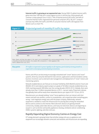 Internet traffic is growing at an exponential rate. During 2000-10, global Internet traffic
grew more than 100-fold, yet in some regions access is still very low: future growth will
continue a steep upward curve. In 2012, 74% of Internet protocol (IP) traffic and 94% of
consumer Internet traffic originated from personal computers (PCs). By 2017, analysts
estimate that 49% of IP traffic and 39% of consumer Internet traffic will originate from
devices such as smart TVs.
Figure 2.1 Projected growth of monthly IP traffic by region
0
10
20
30
40
50
2012 2013 2014 2015 2016 2017
EB
Asia Paciﬁc
North America
Western Europe
Central and Eastern
Europe
LaƟn America
Middle East and Africa
Notes: figures and data that appear in this report can be downloaded from www.iea.org/etp/tracking/. The byte is a unit of digital information in
computing and telecommunications. One exabyte (EB) corresponds to 1 billion gigabytes (GB).
Source: adapted from Cisco, 2013.
Key point IP traffic is expected to grow rapidly in all regions; particularly strong growth is
expected in emerging and developing economies.
Homes and offices are becoming increasingly networked with “smart” devices and “smart”
systems, driven by consumer demand for new services, applications and functionalities and by
business incentives such as demand-side management and deployment of “smart” meters and
monitoring systems.
Network-enabled devices are forecast to increase fivefold by 2020 (World Economic Forum and
INSEAD, 2012) and industry experts project an uptake of 50 billion network-enabled devices by
2020, reaching towards 500 billion over the coming decades (OECD, 2012). Globally, there were
already more than 14 billion networked devices in 2012 – two per capita. Projections indicate
that globally there will be nearly three networked devices per capita in 2017 (Cisco, 2013).
Manufacturers are already building “smart” home appliances that can interact with their
owners and with one another, connect to smartphones, call a repairman when something goes
wrong – even negotiate energy rates with the power company. Additionally, network
equipment is needed to create the infrastructure for passing data among the networked
devices and to connect to the Internet. More electronic devices are getting network
connectivity, notably audio/video devices, and many non-electronic devices are beginning to
acquire it, such as kitchen and laundry appliances; heating, ventilation and air-conditioning
(HVAC) systems; lighting; and other end uses.
Rapidly Expanding Digital Economy Carries an Energy Cost
ICT energy demand is growing faster than all other energy end uses as appliances and
equipment are increasingly network-connected, and networks and infrastructure are expanding
© OECD/IEA, 2014.
60
Chapter 2
Getting “Smart” about Staying on Line Everyone and Everything is Becoming Connected
 