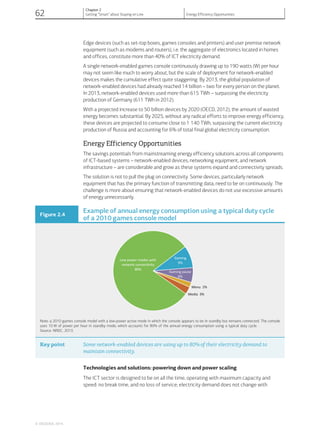 Edge devices (such as set-top boxes, games consoles and printers) and user premise network
equipment (such as modems and routers), i.e. the aggregate of electronics located in homes
and offices, constitute more than 40% of ICT electricity demand.
A single network-enabled games console continuously drawing up to 190 watts (W) per hour
may not seem like much to worry about, but the scale of deployment for network-enabled
devices makes the cumulative effect quite staggering. By 2013, the global population of
network-enabled devices had already reached 14 billion – two for every person on the planet.
In 2013, network-enabled devices used more than 615 TWh – surpassing the electricity
production of Germany (611 TWh in 2012).
With a projected increase to 50 billion devices by 2020 (OECD, 2012), the amount of wasted
energy becomes substantial. By 2025, without any radical efforts to improve energy efficiency,
these devices are projected to consume close to 1 140 TWh, surpassing the current electricity
production of Russia and accounting for 6% of total final global electricity consumption.
Energy Efficiency Opportunities
The savings potentials from mainstreaming energy efficiency solutions across all components
of ICT-based systems – network-enabled devices, networking equipment, and network
infrastructure – are considerable and grow as these systems expand and connectivity spreads.
The solution is not to pull the plug on connectivity. Some devices, particularly network
equipment that has the primary function of transmitting data, need to be on continuously. The
challenge is more about ensuring that network-enabled devices do not use excessive amounts
of energy unnecessarily.
Figure 2.4
Example of annual energy consumption using a typical duty cycle
of a 2010 games console model
Low power modes with
network conne vity
80%
Gaming
9%
Gaming pause
6%
Menu 2%
Media 3%
Note: a 2010 games console model with a low-power active mode in which the console appears to be in standby but remains connected. The console
uses 10 W of power per hour in standby mode, which accounts for 80% of the annual energy consumption using a typical duty cycle.
Source: NRDC, 2013.
Key point Some network-enabled devices are using up to 80% of their electricity demand to
maintain connectivity.
Technologies and solutions: powering down and power scaling
The ICT sector is designed to be on all the time, operating with maximum capacity and
speed: no break time, and no loss of service; electricity demand does not change with
© OECD/IEA, 2014.
62
Chapter 2
Getting “Smart” about Staying on Line Energy Efficiency Opportunities
 